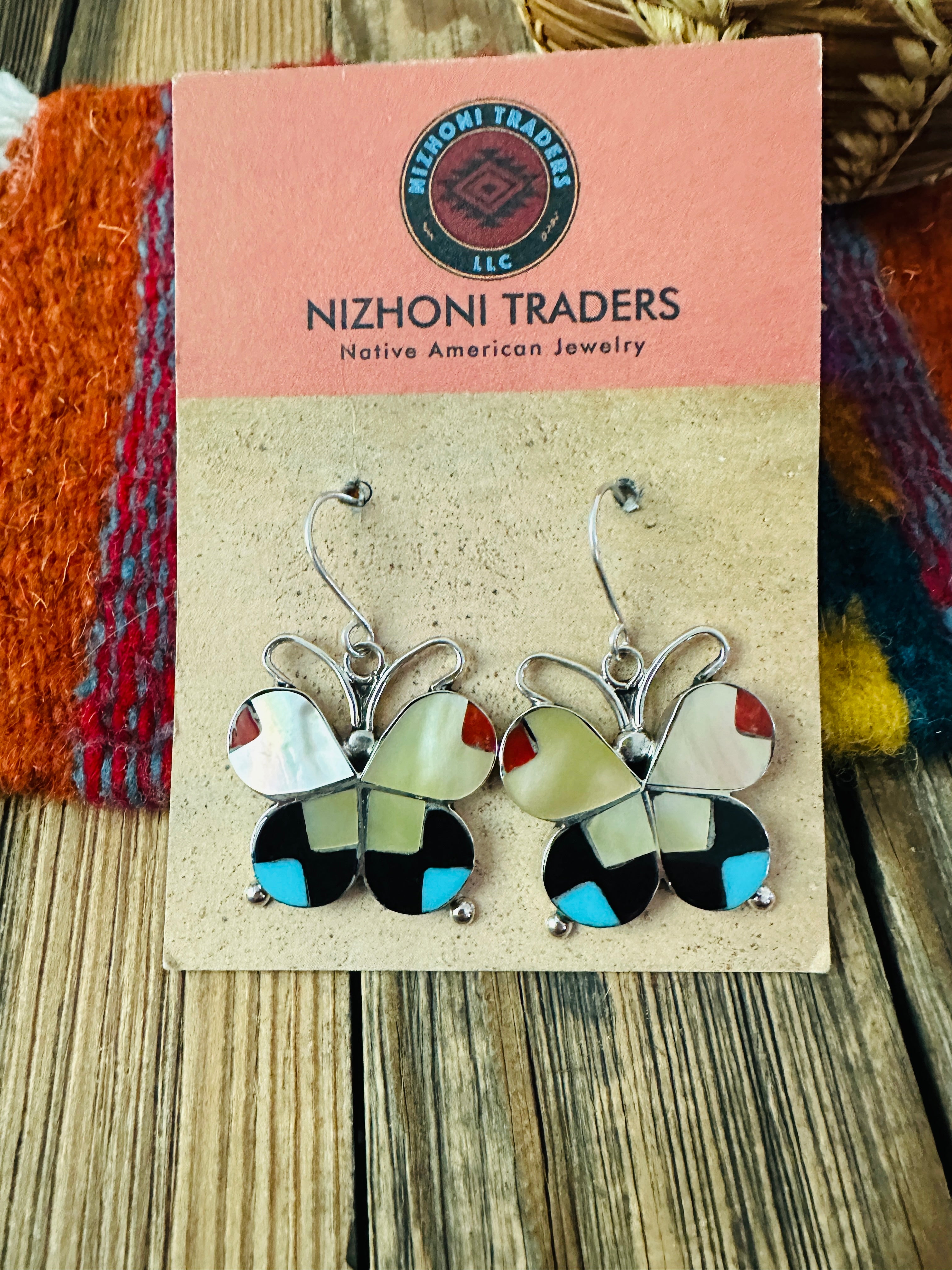 Handcrafted Multi Stone & Sterling Silver Inlay Butterfly Dangle Earrings