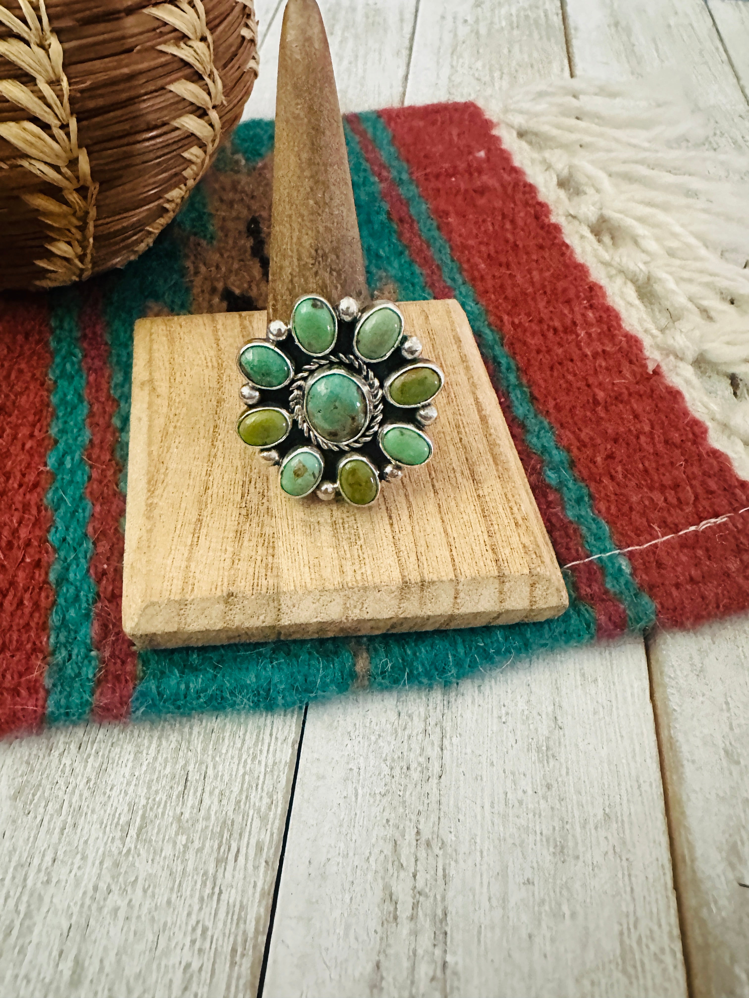 Navajo Sterling Silver & Turquoise Cluster Adjustable Ring