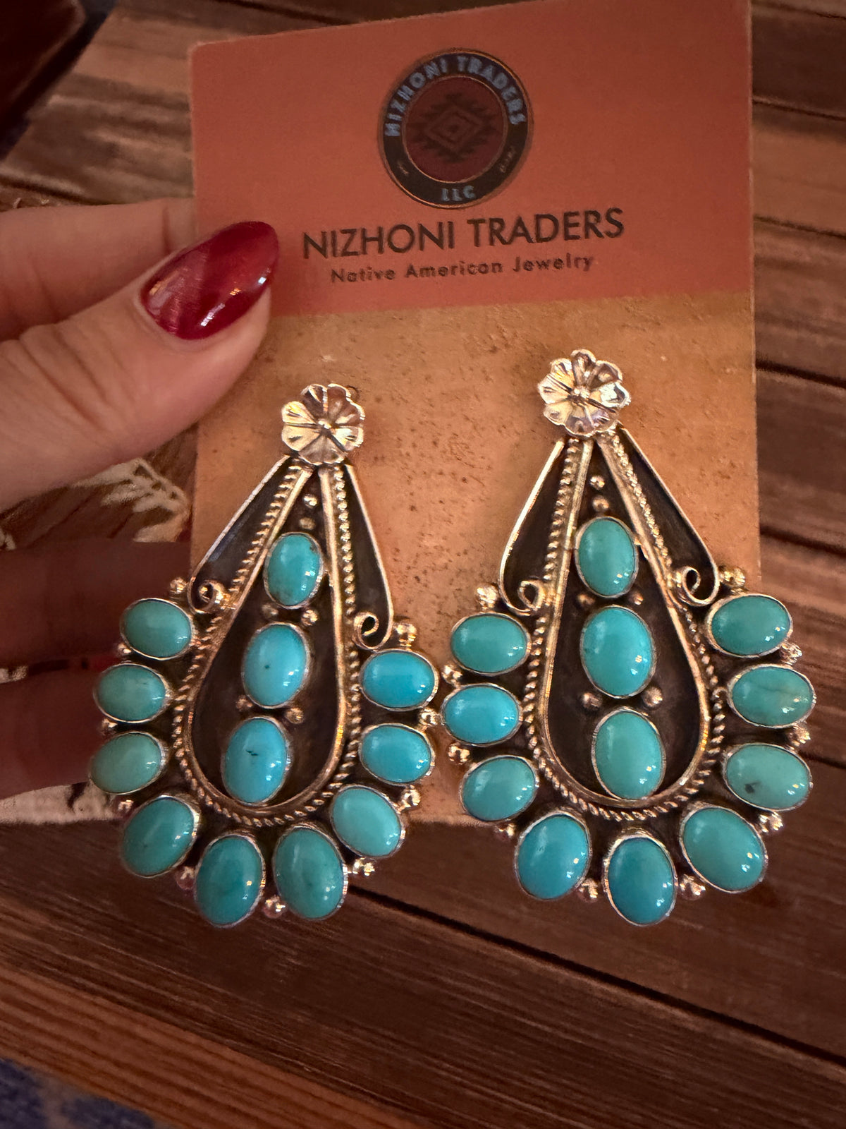 Handcrafted Turquoise & Sterling Silver Cluster Dangle Earrings by Pearlene Spencer