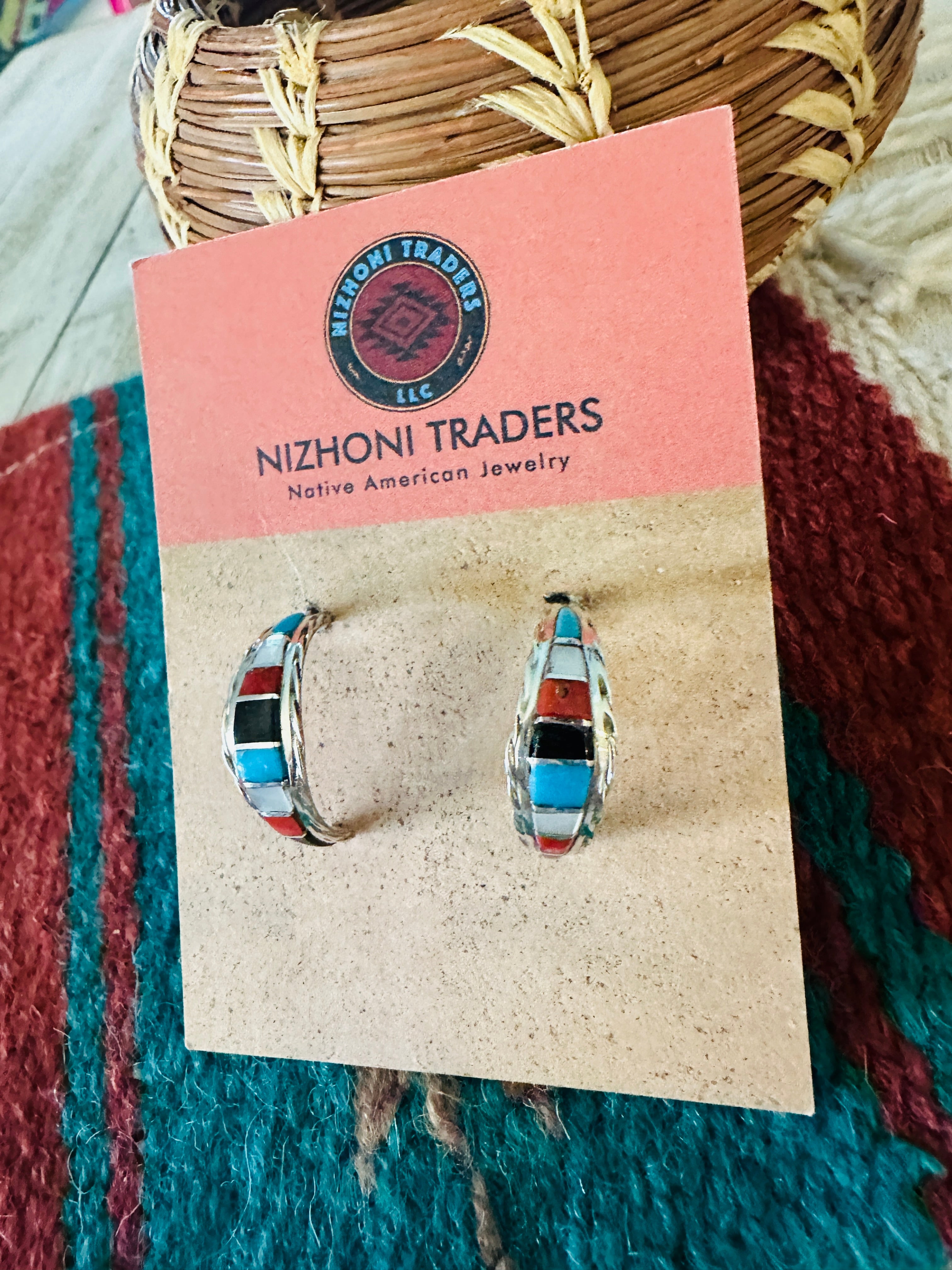 Navajo Multi Stone & Sterling Silver Inlay Cresent Hoop Earrings