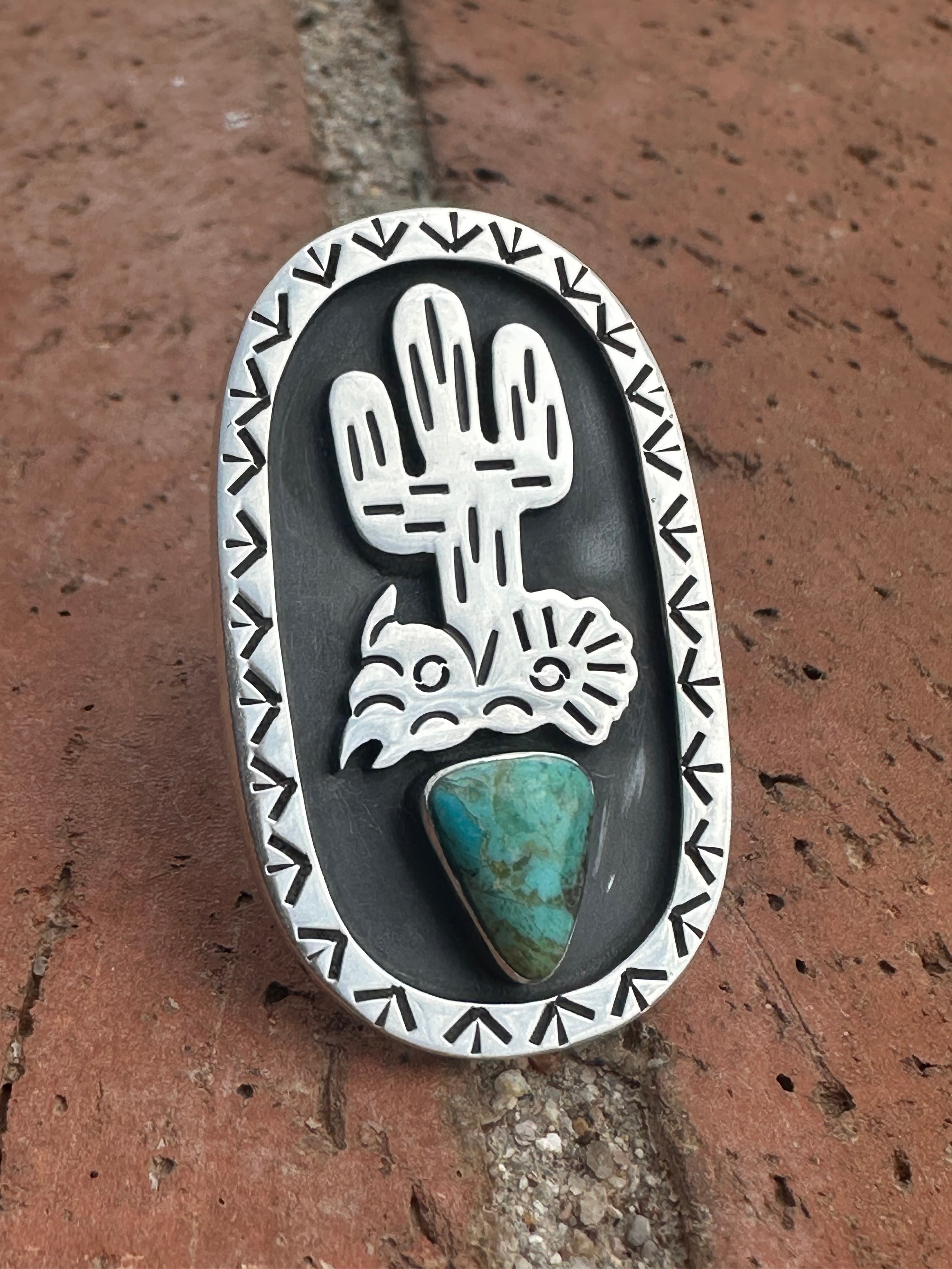 Handmade Kingman Turquoise And Sterling Silver Adjustable Cactus Ring