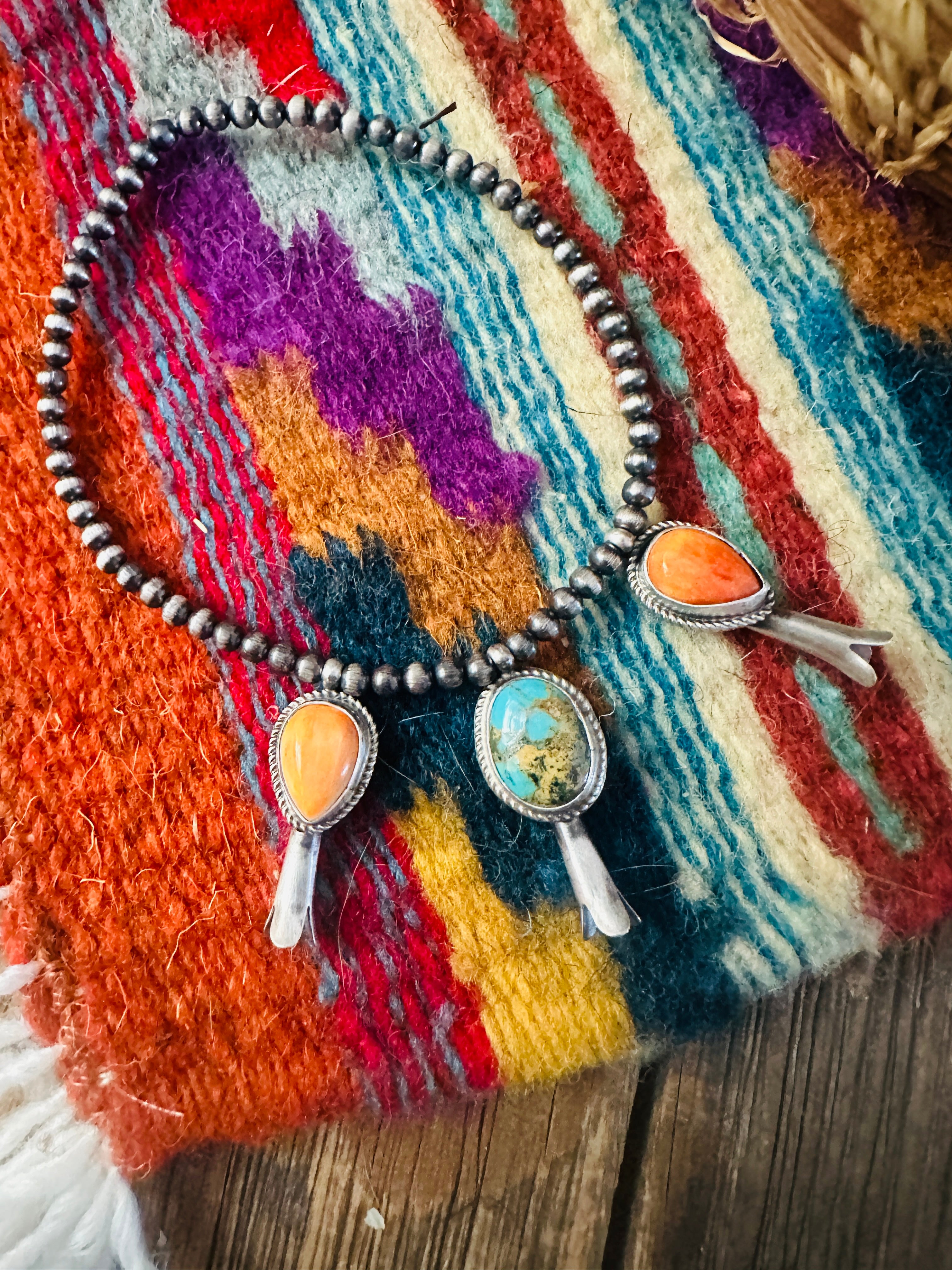 Handcrafted 3mm Sterling Silver Pearl, Turquoise & Spiny Oyster Blossom Stretch Bracelet