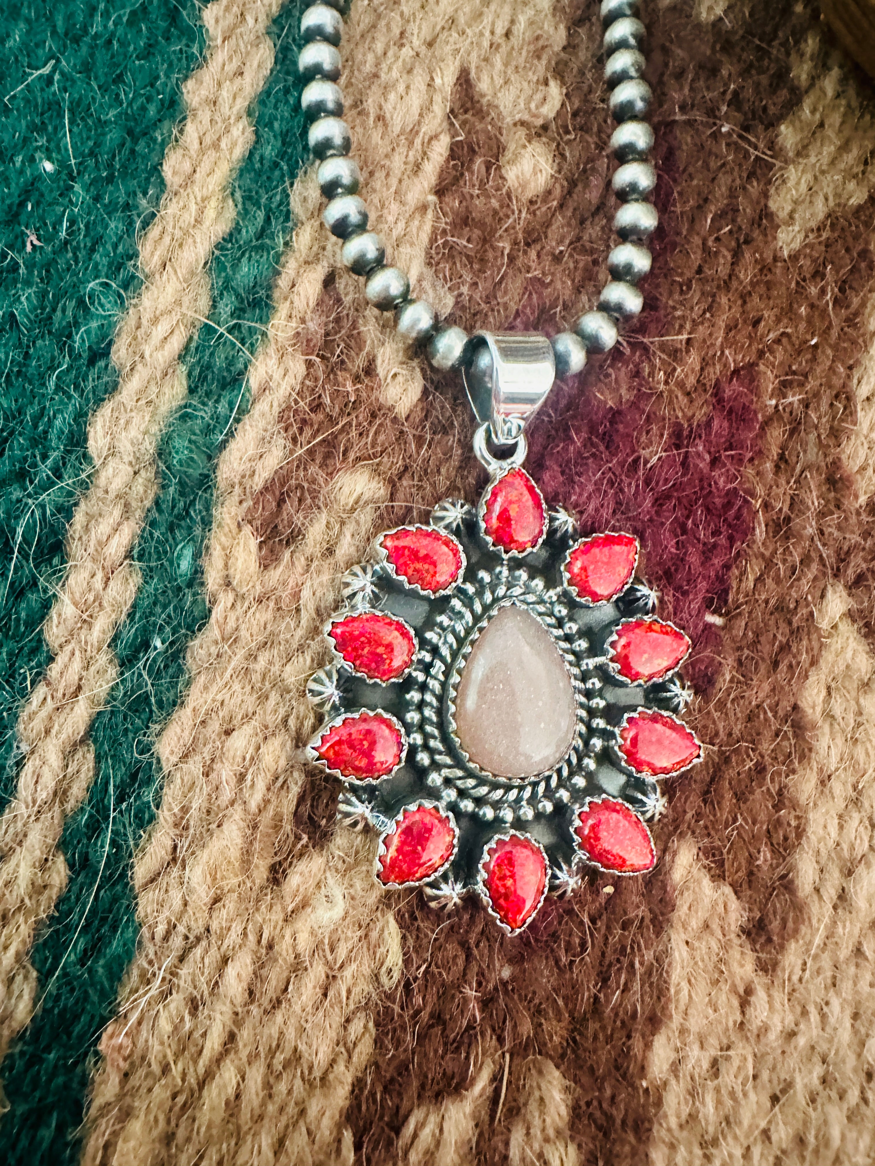 Handmade Red Opal, Rose Quartz & Sterling Silver Pendant