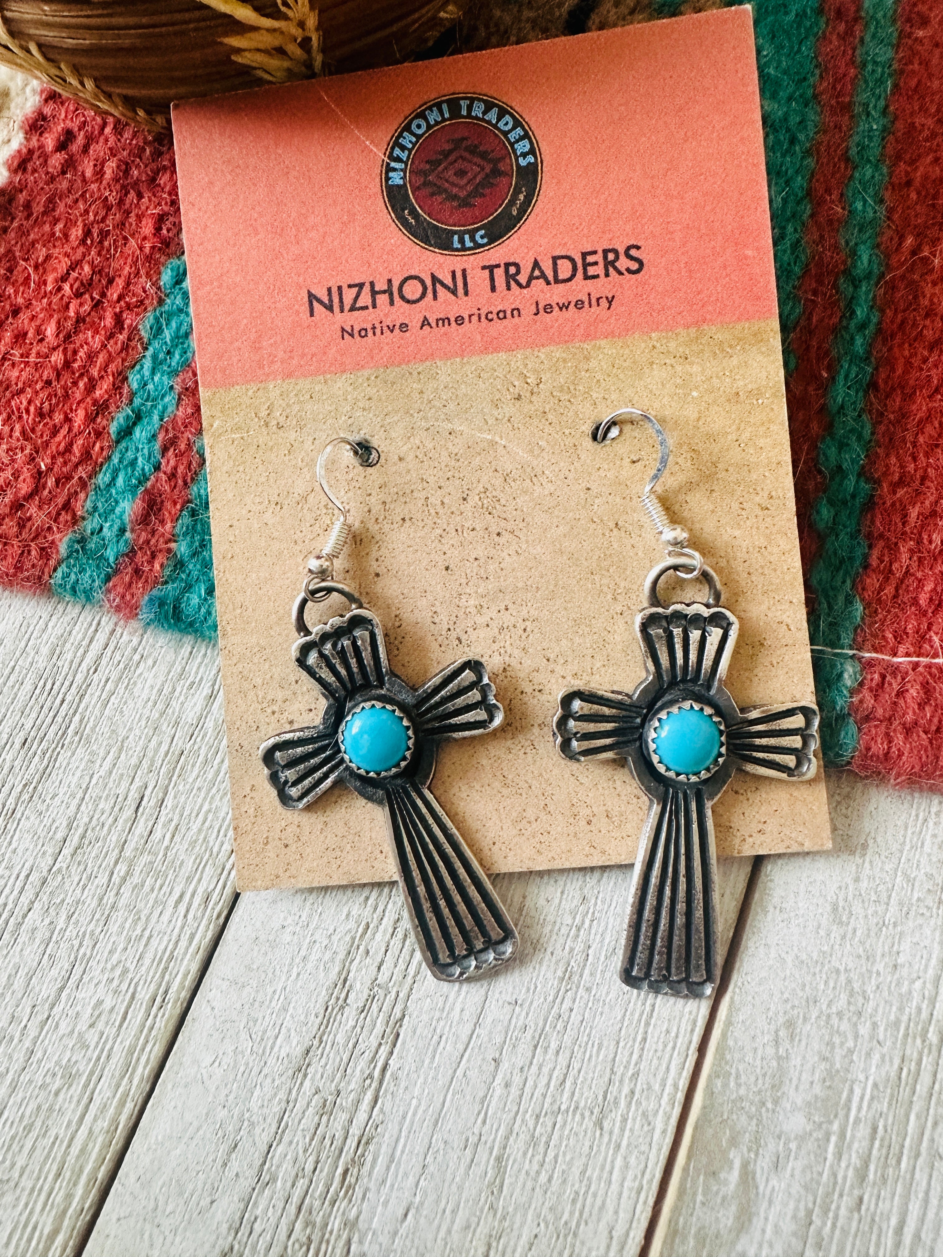 Navajo Sterling Silver & Turquoise Cross Dangle Earrings