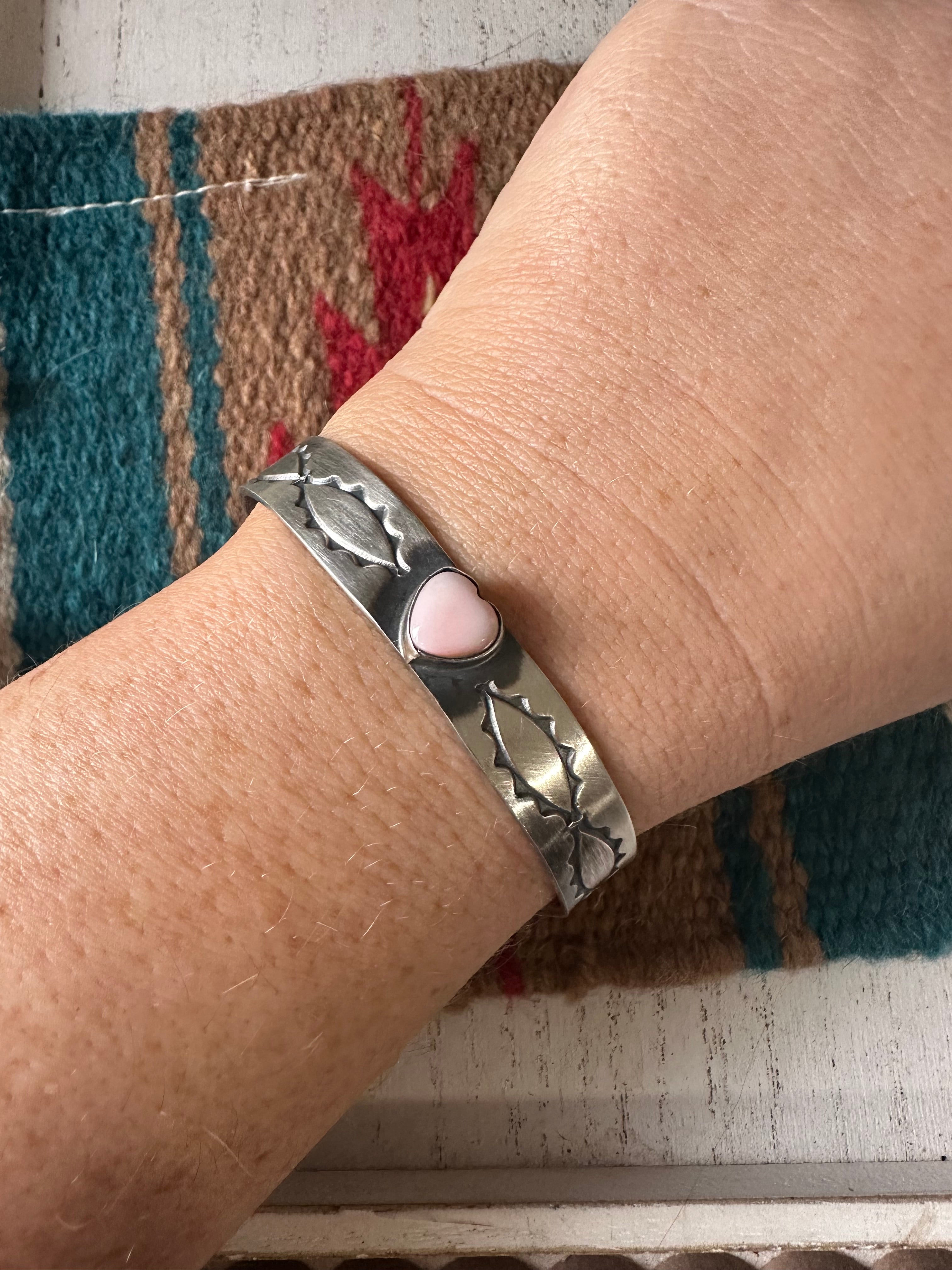 Navajo Sterling Silver & Queen Pink Conch Heart Cuff Bracelet