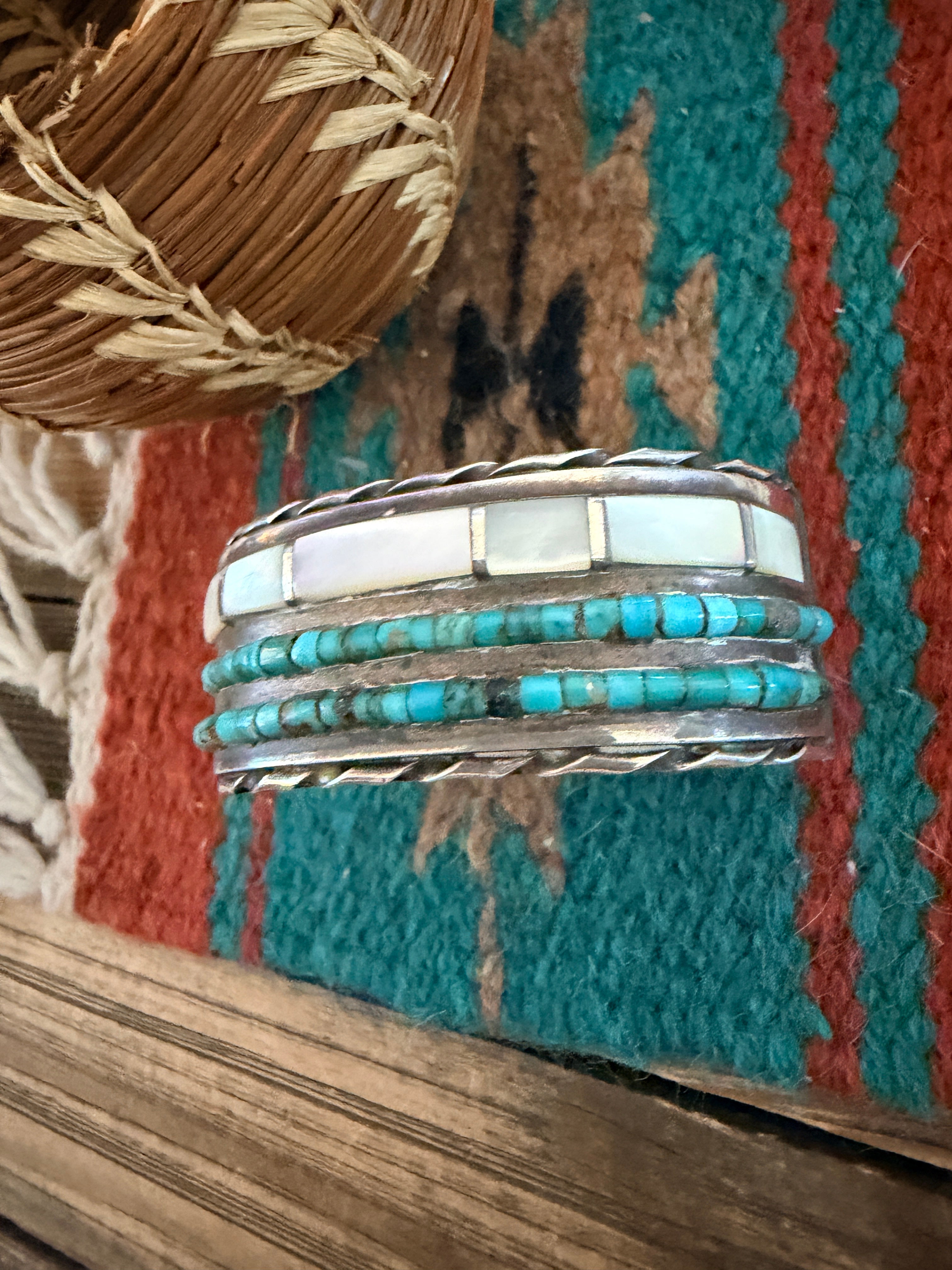 Handcrafted Old Pawn Sterling Silver, Turquoise & Mother of Pearl Inlay Cuff Bracelet