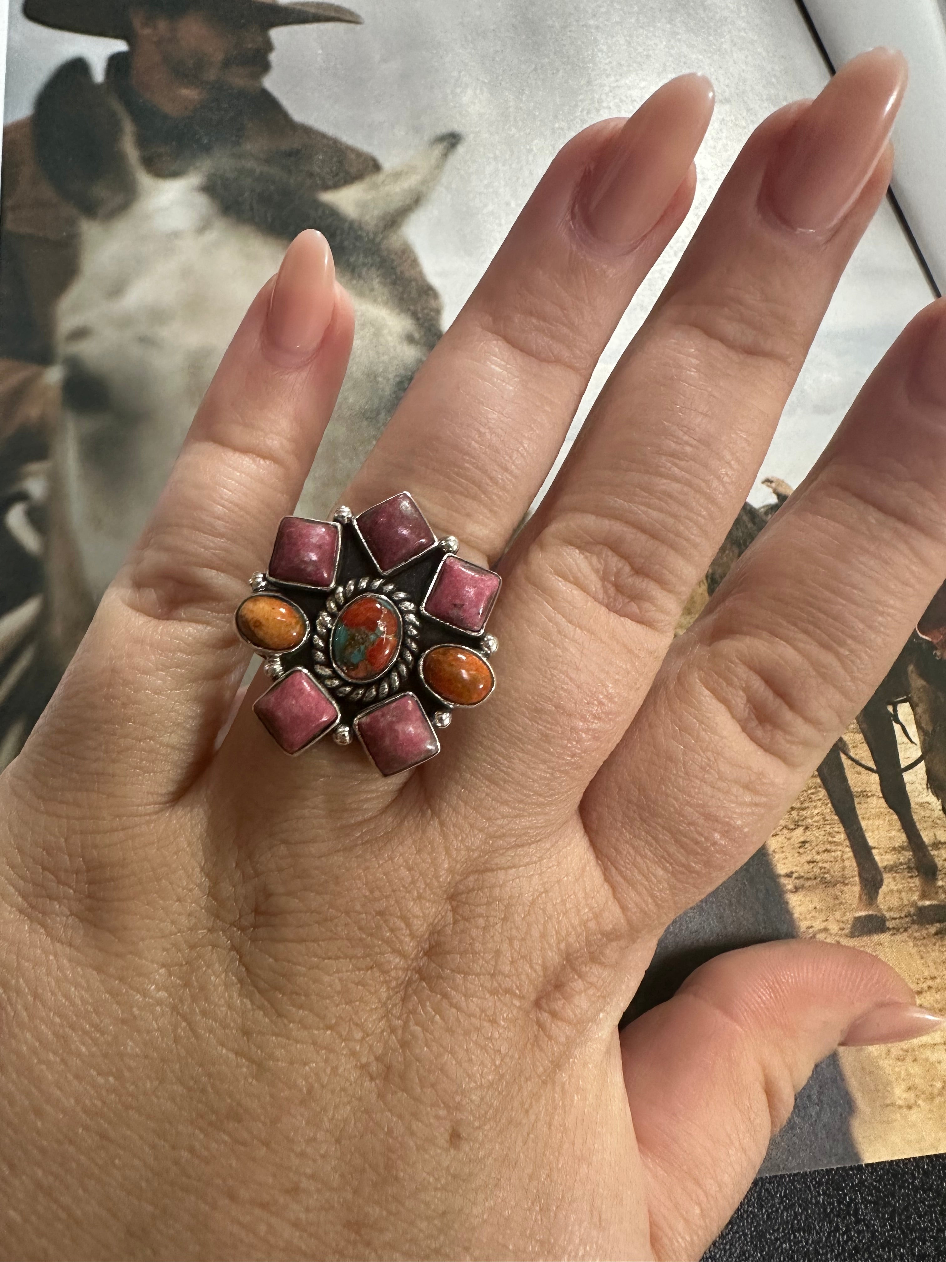 Handmade Coral Mojave, Rhodonite, Orange Mojave And Sterling Silver Adjustable Ring