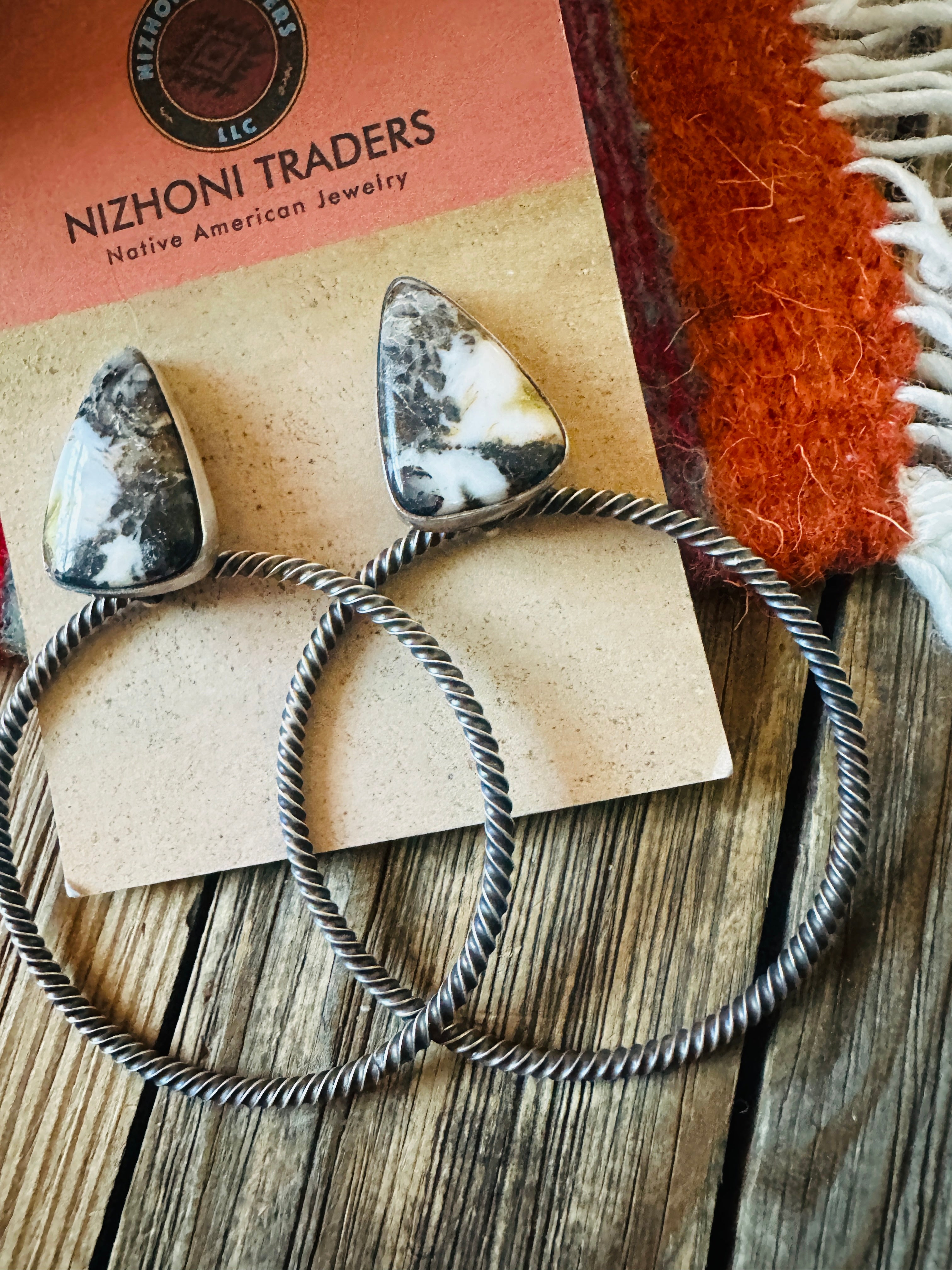 Handcrafted White Buffalo & Sterling Silver Dangle Hoop Earrings