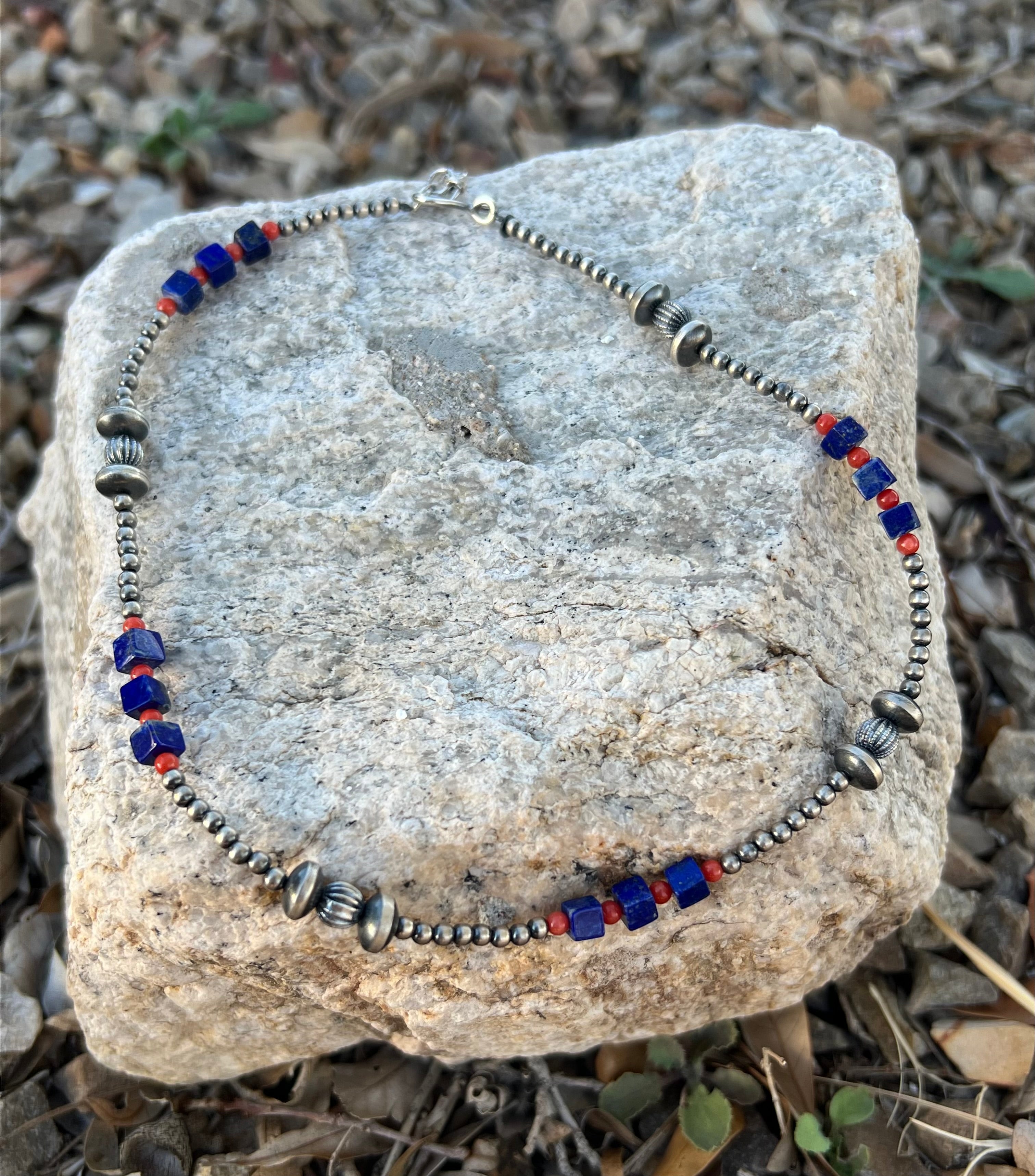 Handmade Coral & Lapis Beaded Sterling Silver Necklace