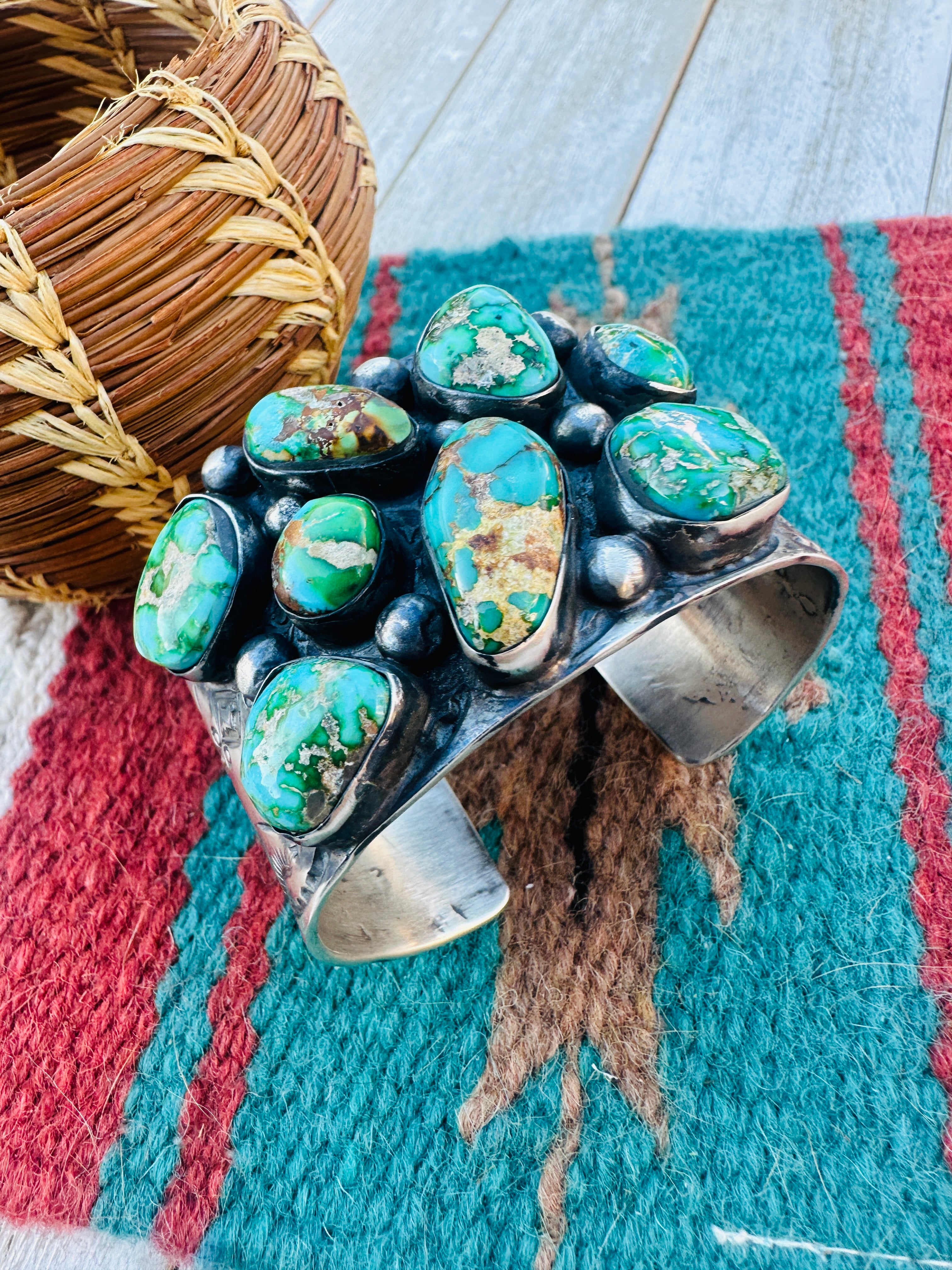 Handcrafted Sterling Silver & Sonoran Mountain Turquoise Cluster Cuff Bracelet by Chimney Butte