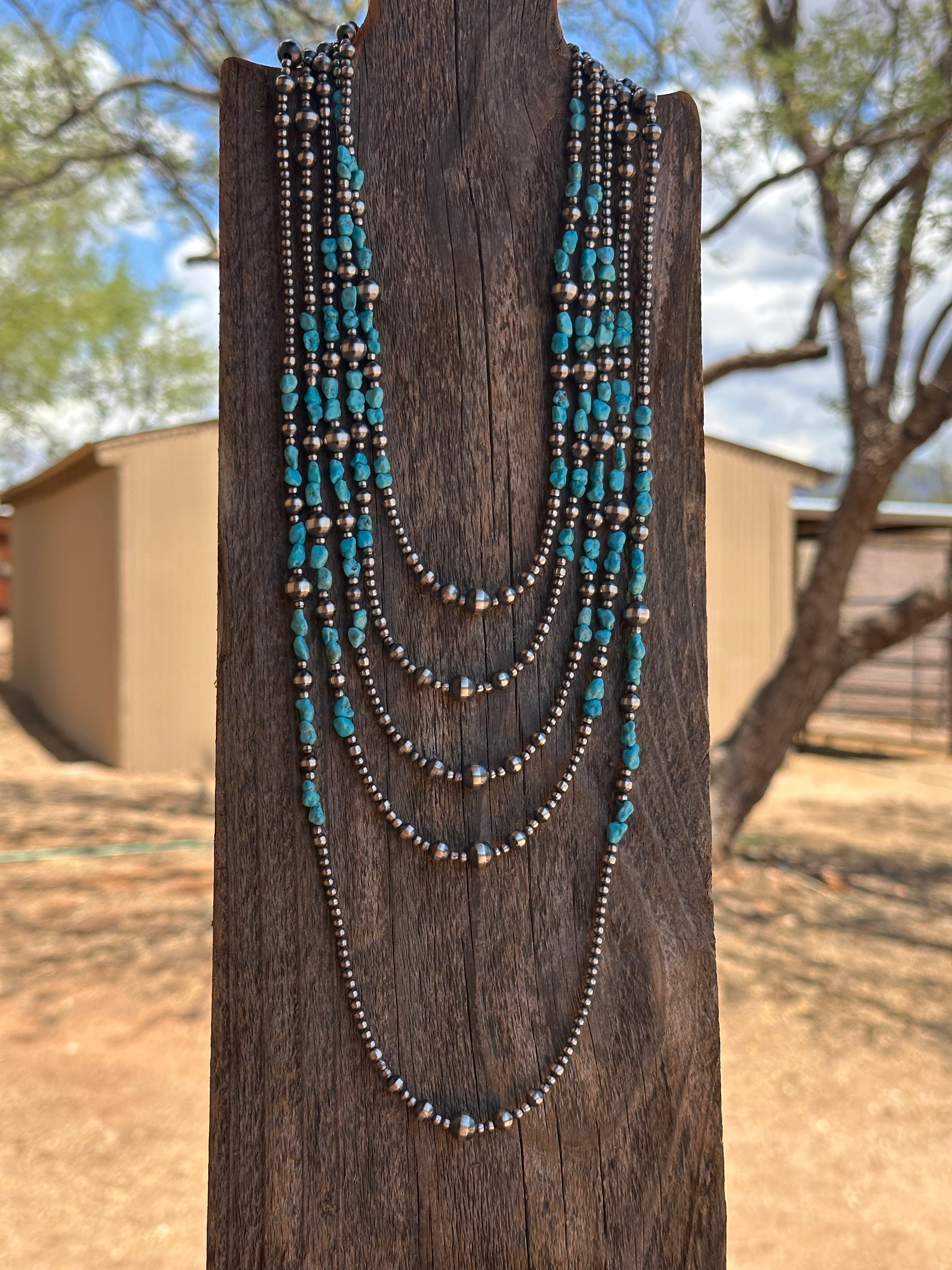 Kingman Turquoise & Sterling Silver 3mm-8mm Beaded Necklace