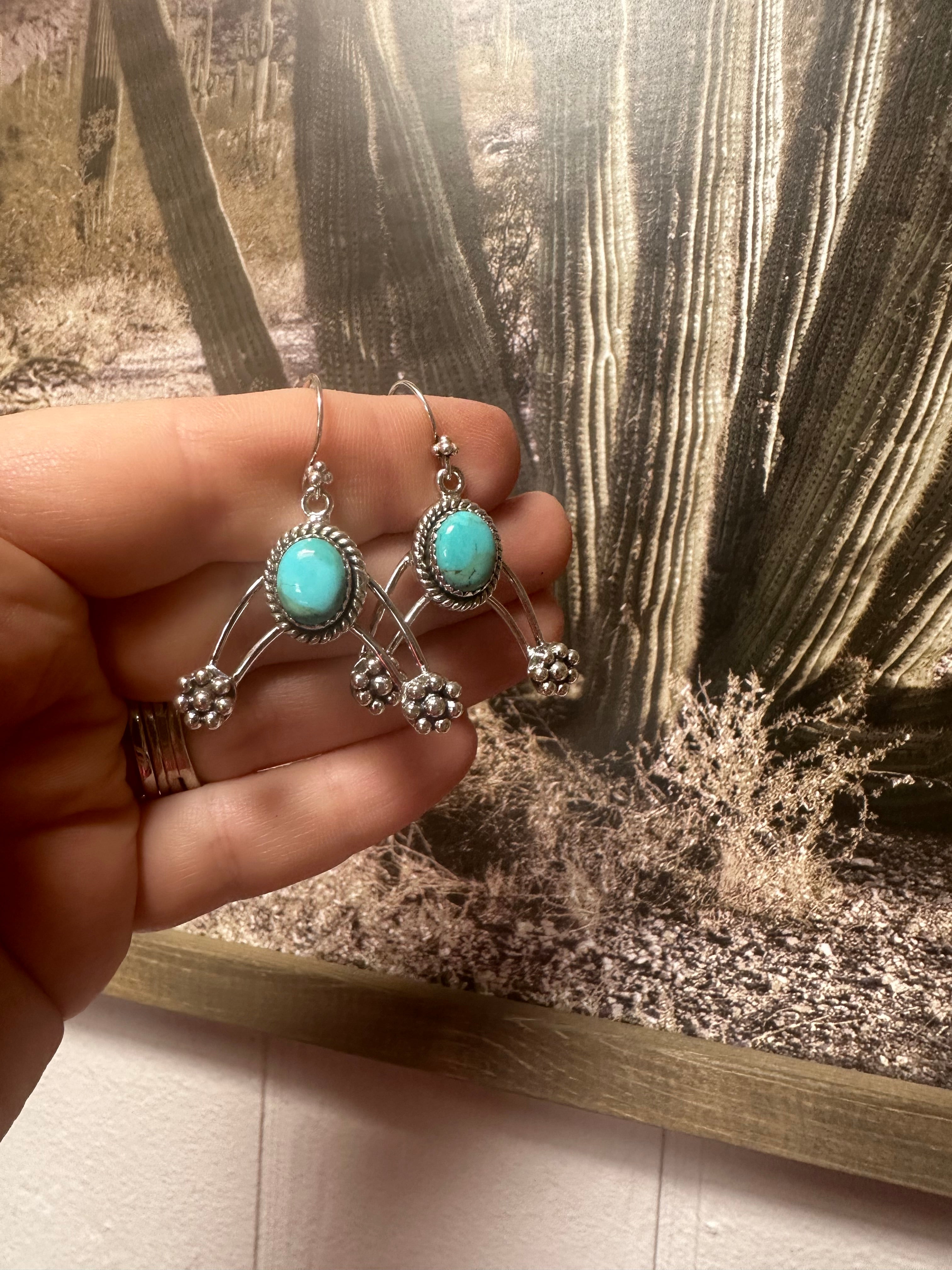 Gorgeous Natural Turquoise and Sterling Silver Wire Dangles Signed Nizhoni