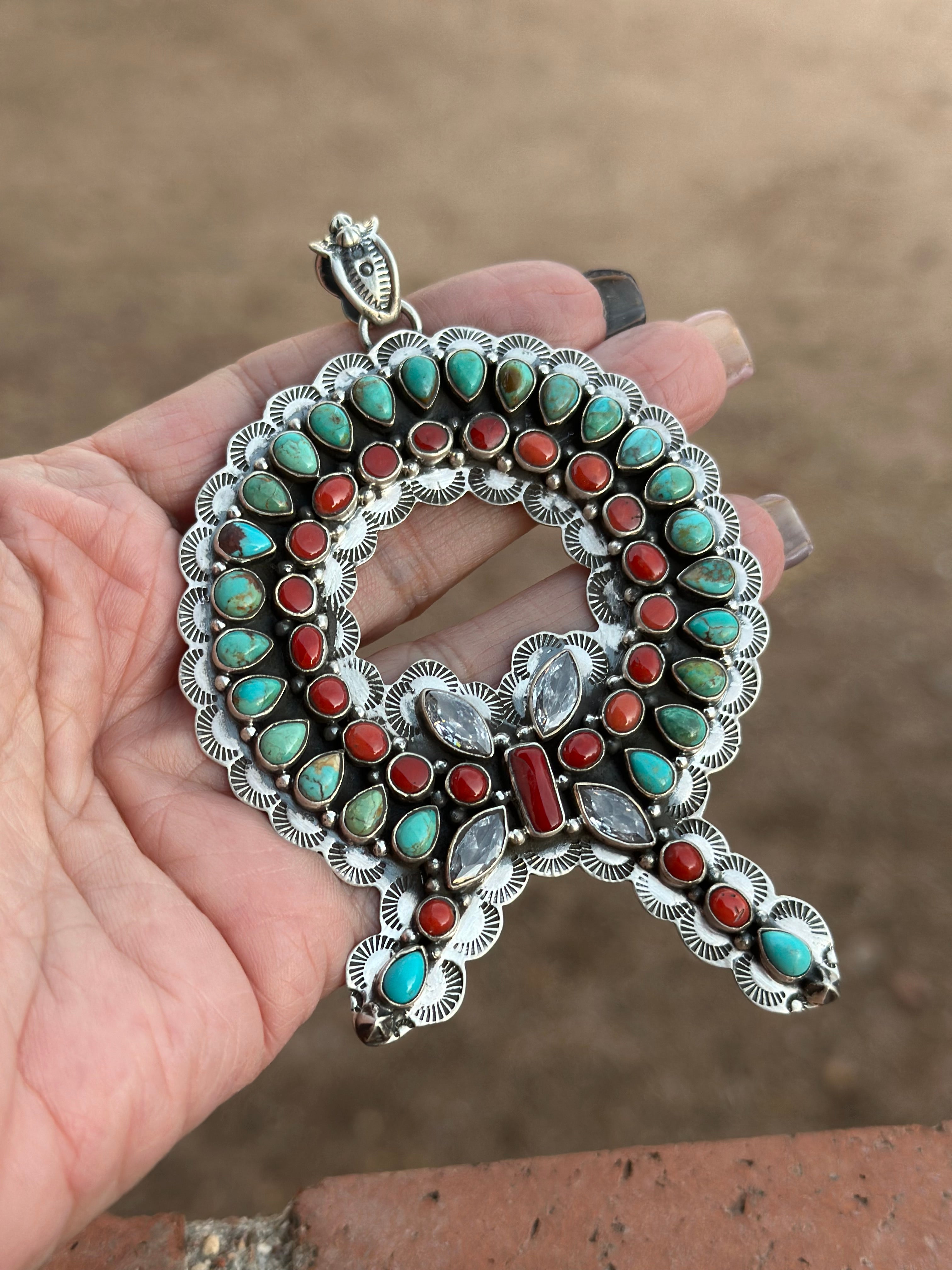 Handmade Sterling Silver, Coral & Kingman Turquoise Christmas Wreath Pendant