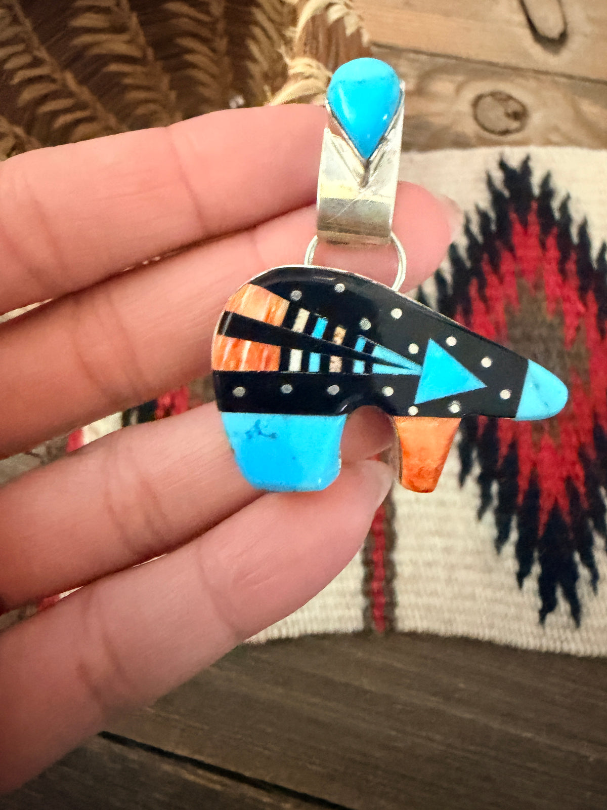 Handcrafted Sterling Silver and Multi Stone Inlay Bear Pendant by Ray Jack
