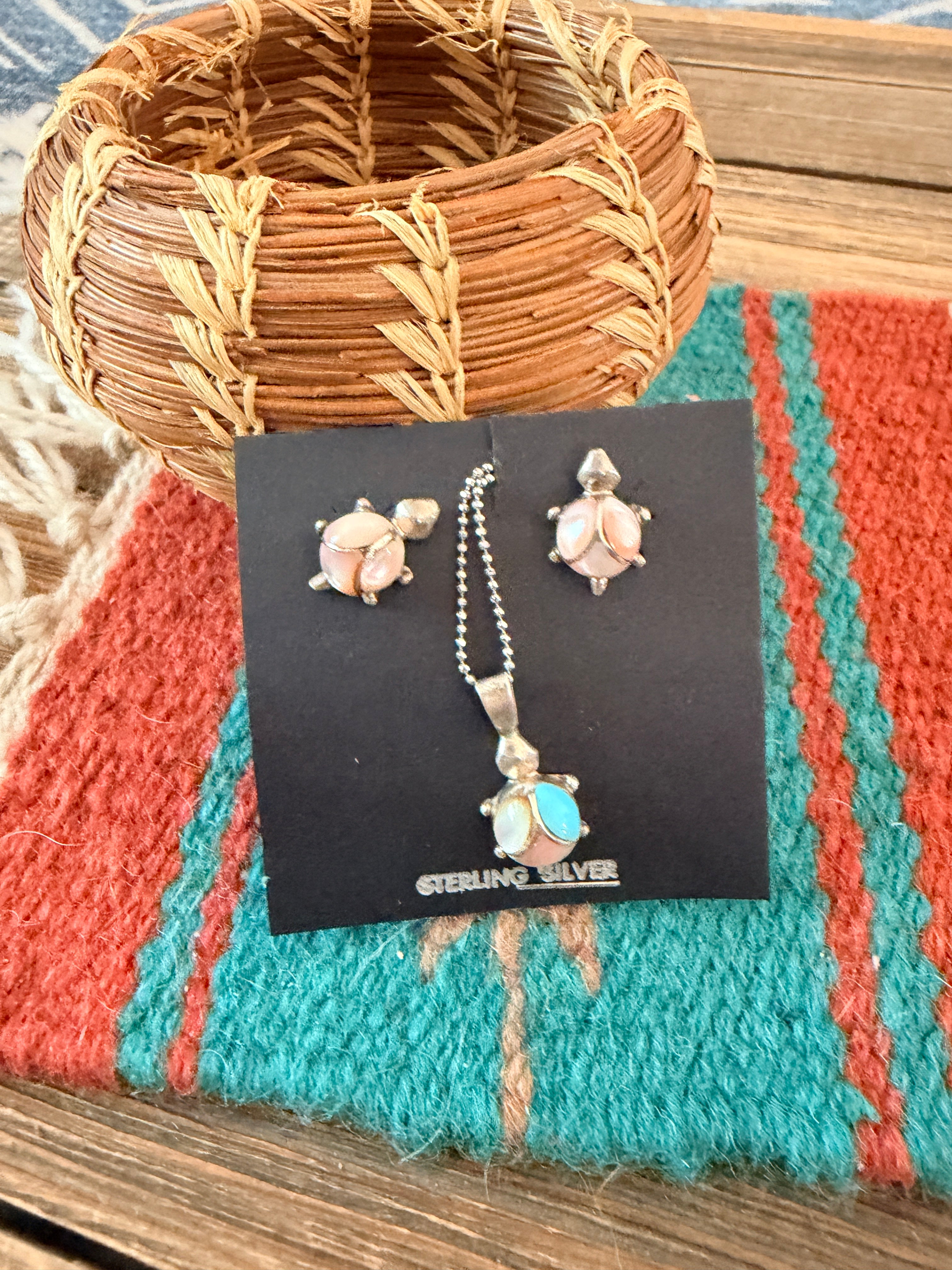 Handcrafted Old Pawn Mother of Pearl & Sterling Silver Turtle Necklace and Earring Set