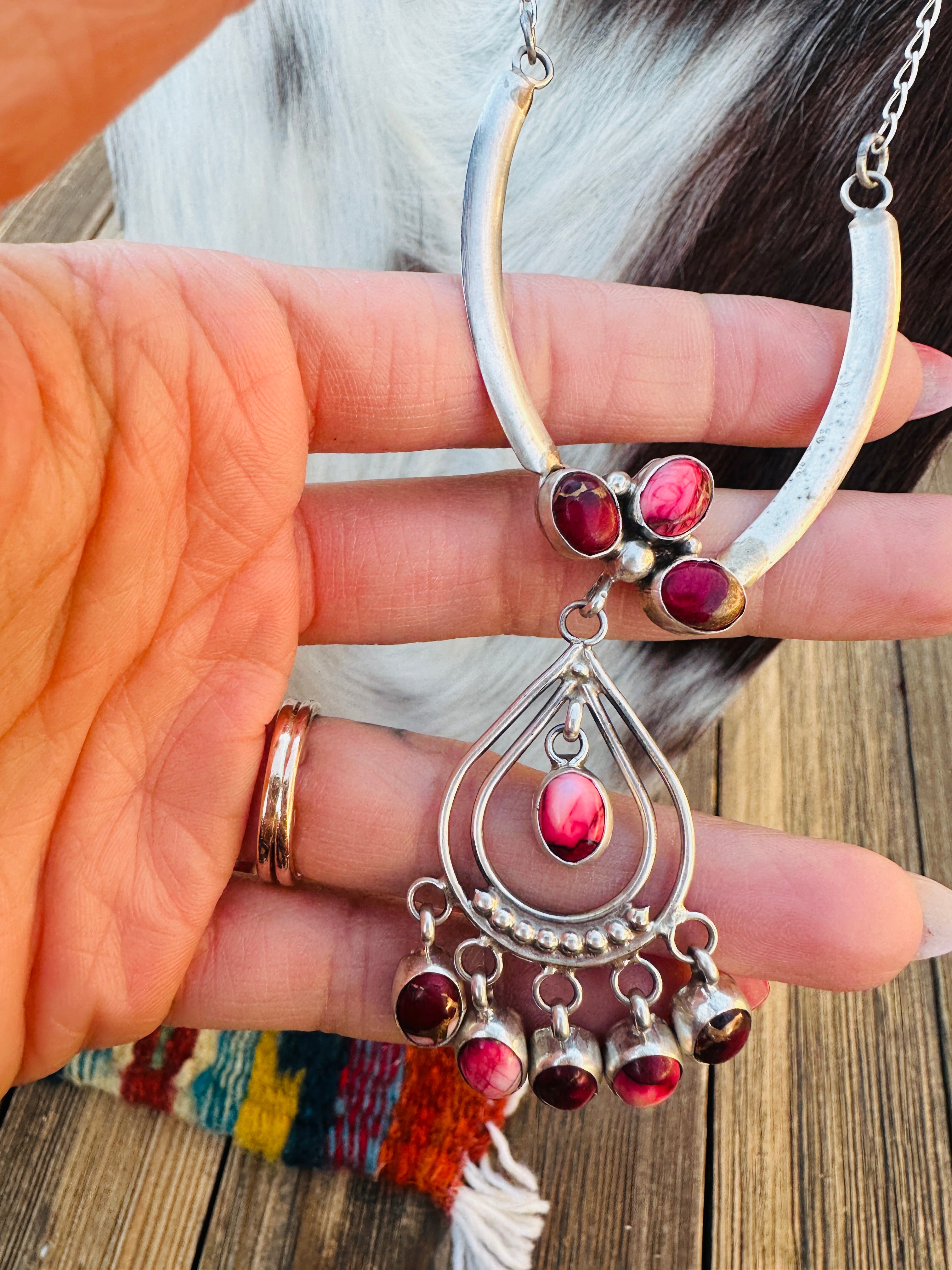 Handcrafted Rose Dahlia & Sterling Silver Chandelier Necklace by Pearlene Spencer