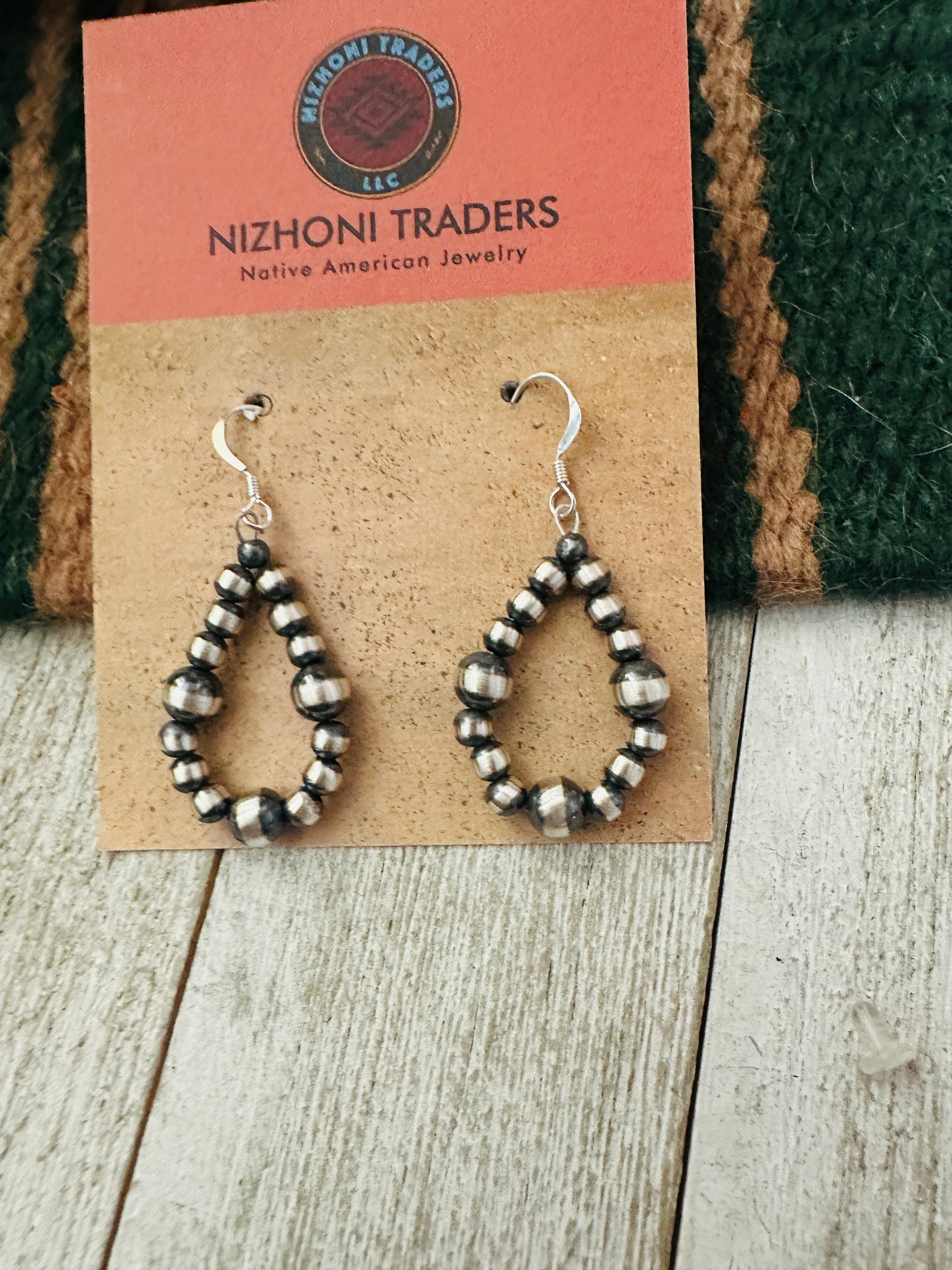 Navajo Sterling Silver Pearl Beaded Dangle Hoop Earrings