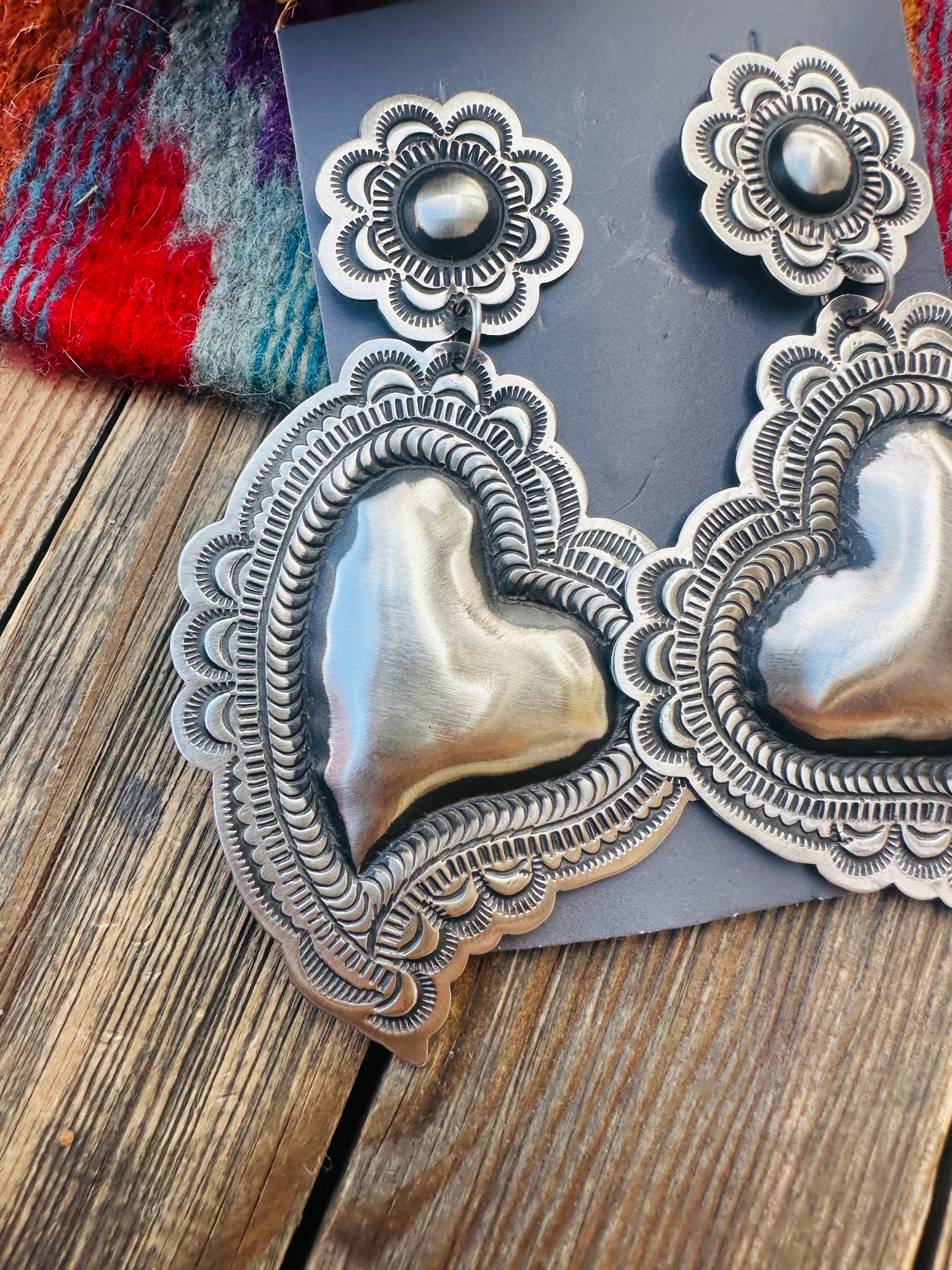 Handcrafted Sterling Silver Concho Heart Dangle Earrings by Leander Tahe