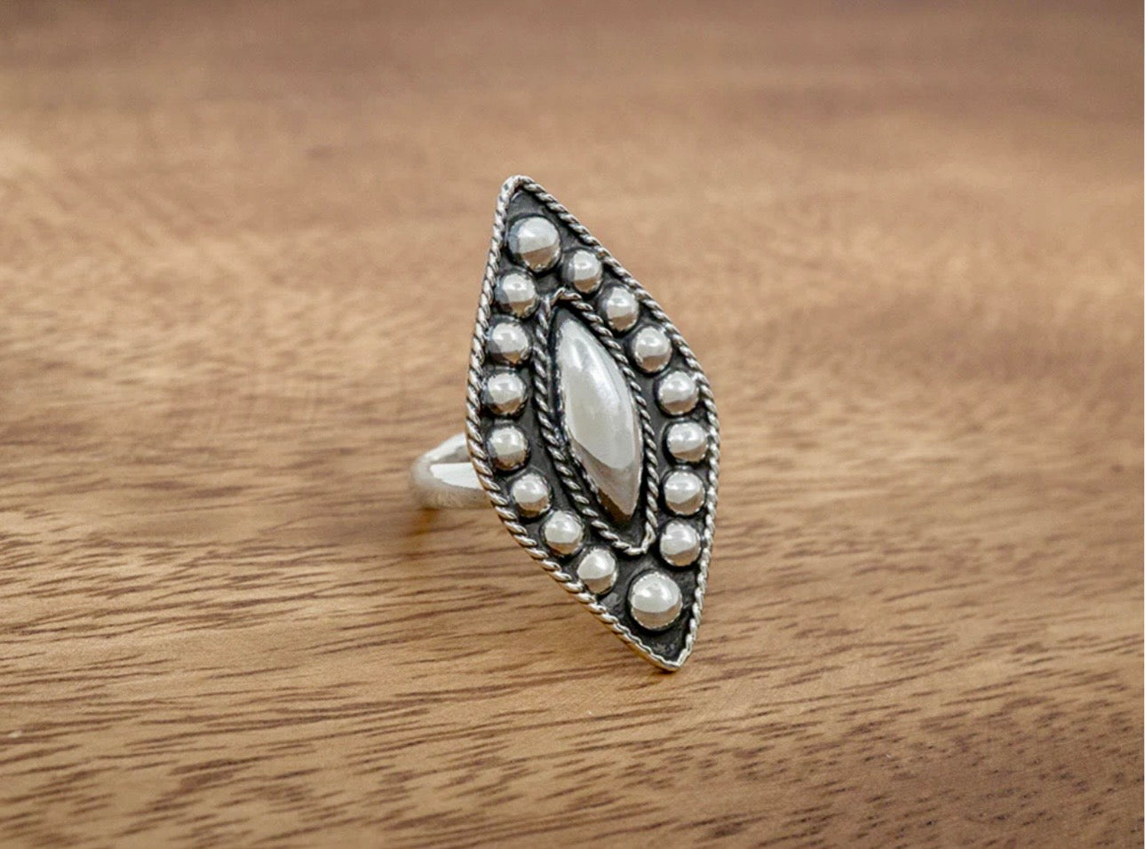 Sterling Silver Vintage Beaded Adjustable Marquise Ring