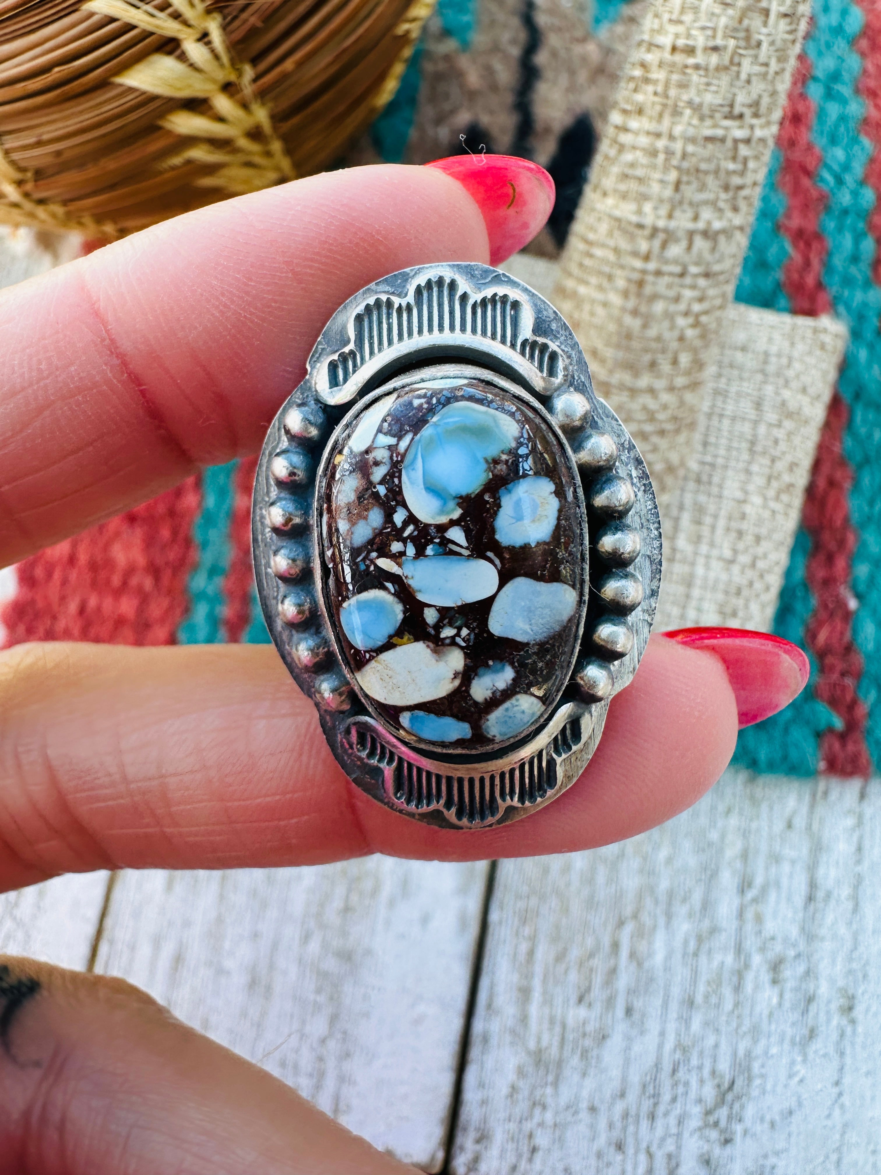 Handcrafted Golden Hills Turquoise & Sterling Silver Ring Size 7.75