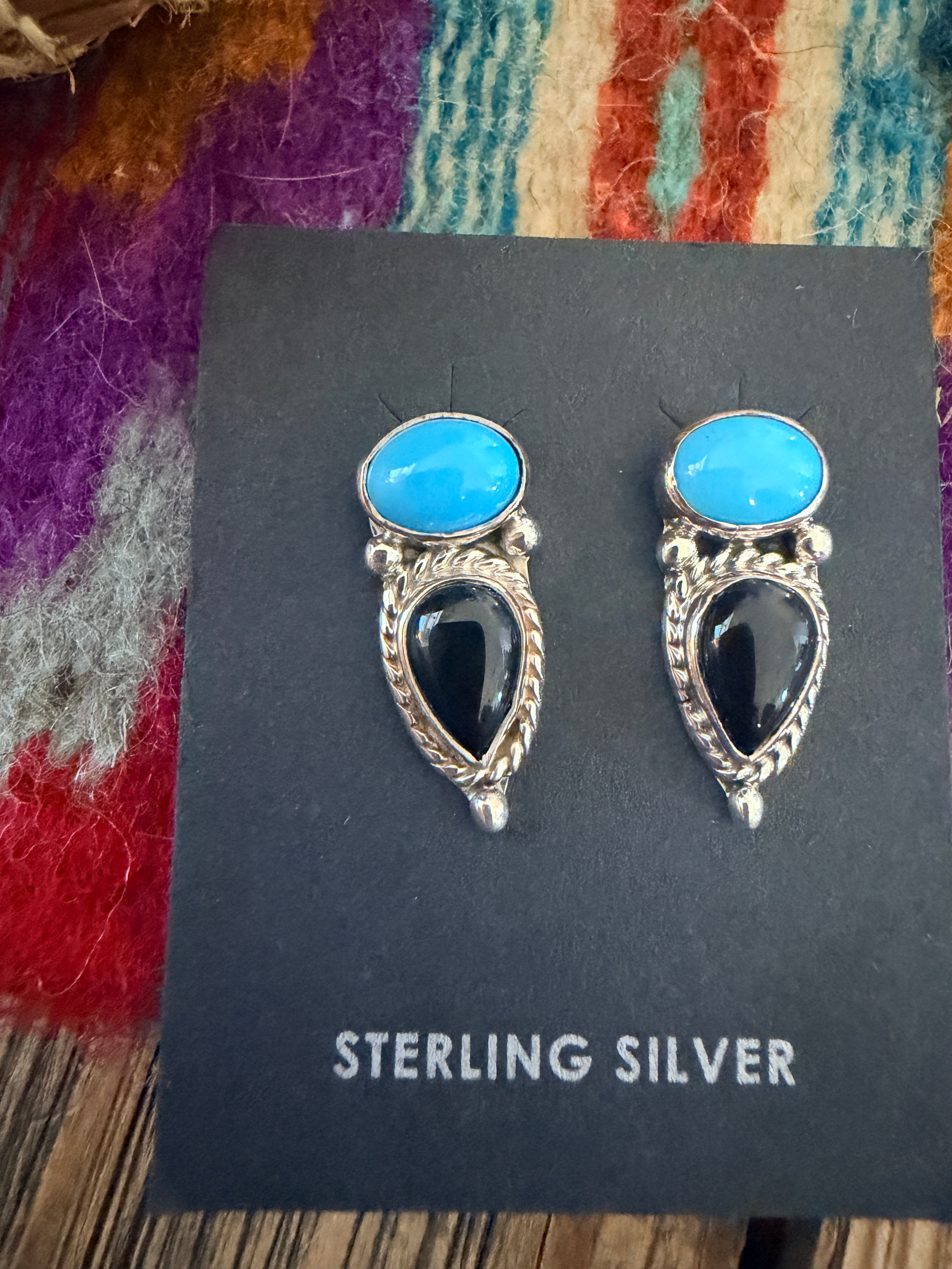 Handcrafted Turquoise, Onyx & Sterling Silver Stud Earrings by Jacqueline Silver