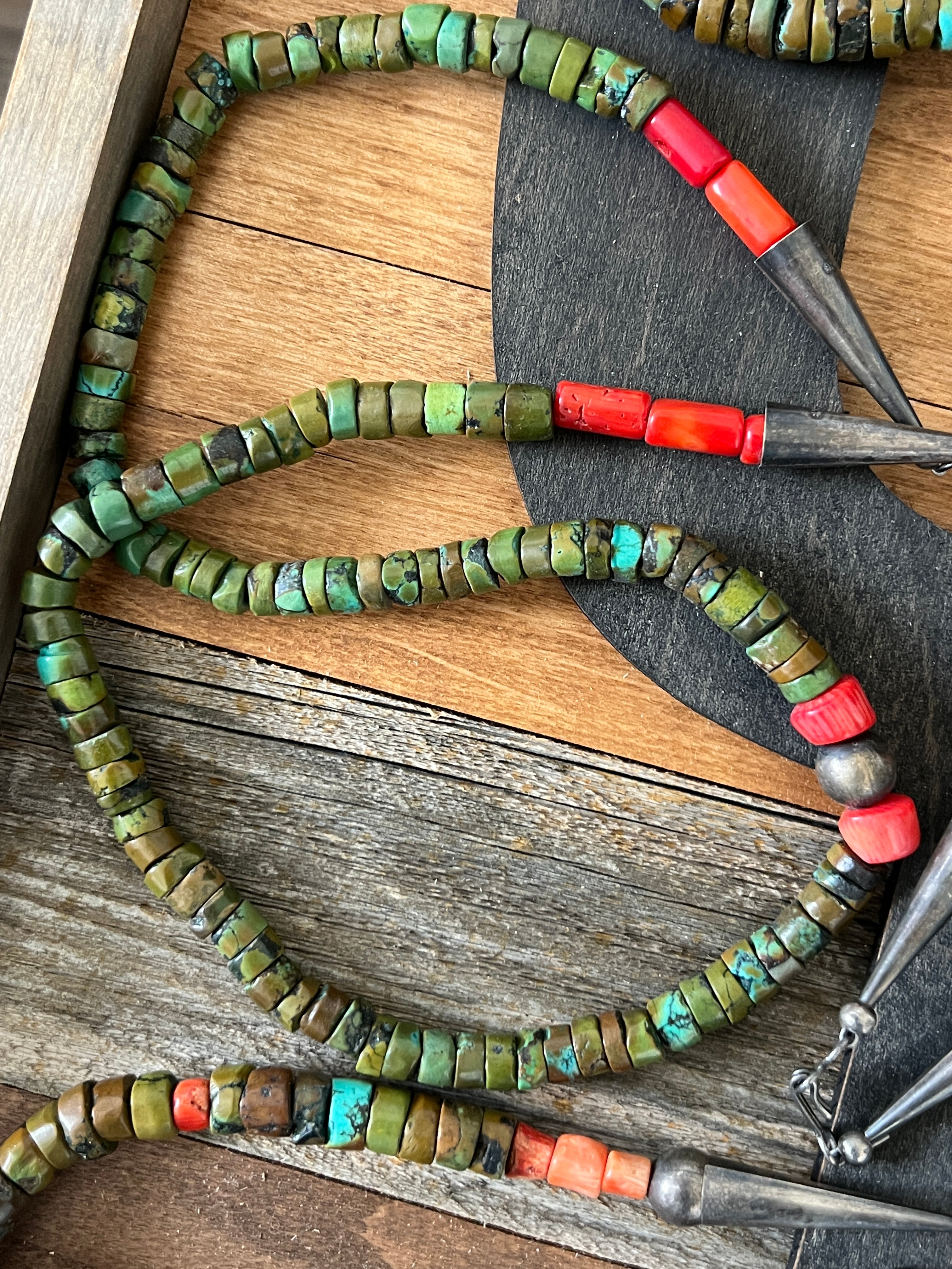 Handcrafted Hubei Turquoise Beaded Necklace with Sterling Silver and Bamboo Coral by Kirby Smith: 13 To Choose From!