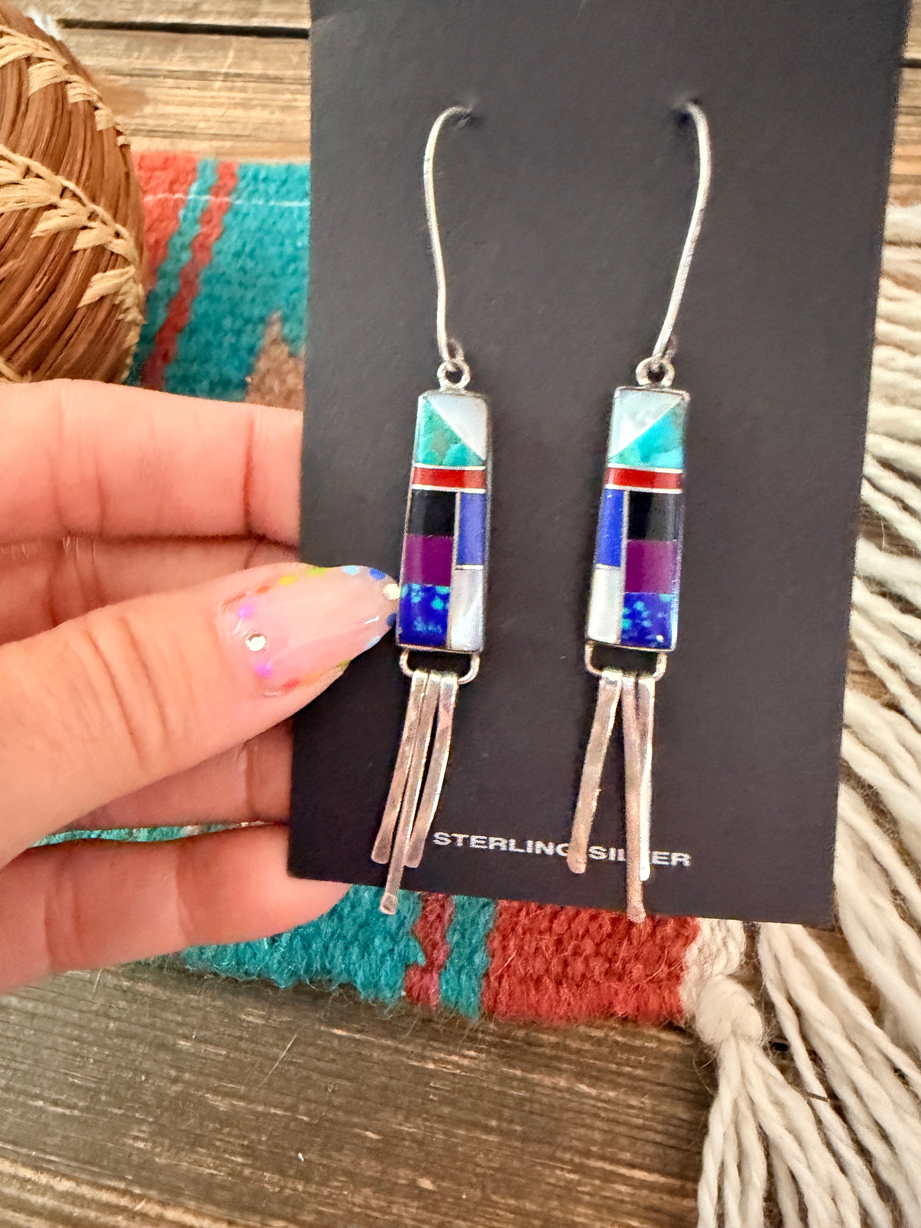 Old Pawn Handcrafted Sterling Silver & Multi Stone Inlay Dangle Earrings