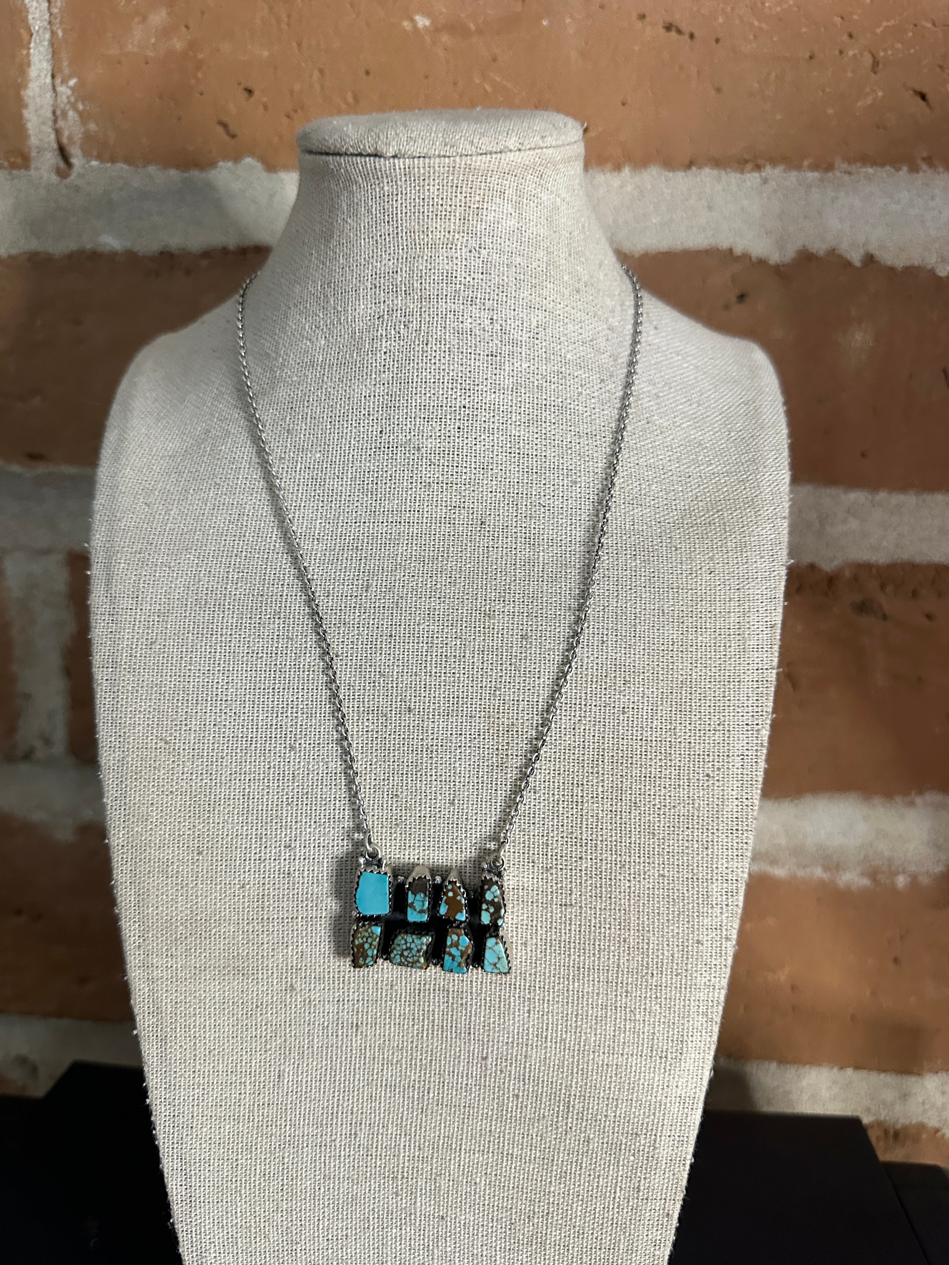 Handmade Number 8 Turquoise & Sterling Silver Cluster Bar Necklace