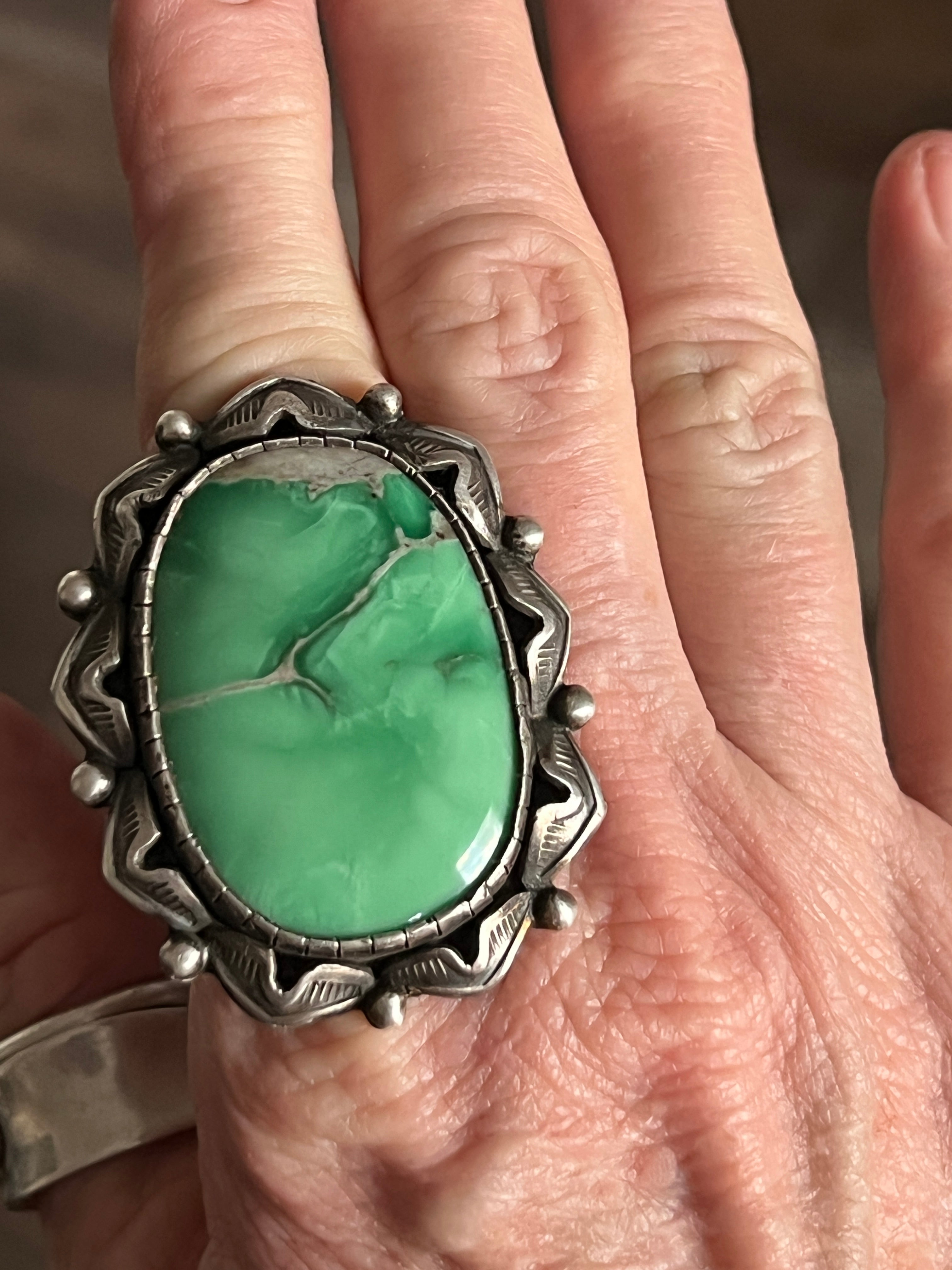 Artisan Sterling Silver and Broken Bow Variscite Statement Ring by Cailey Elle, Size 9.5