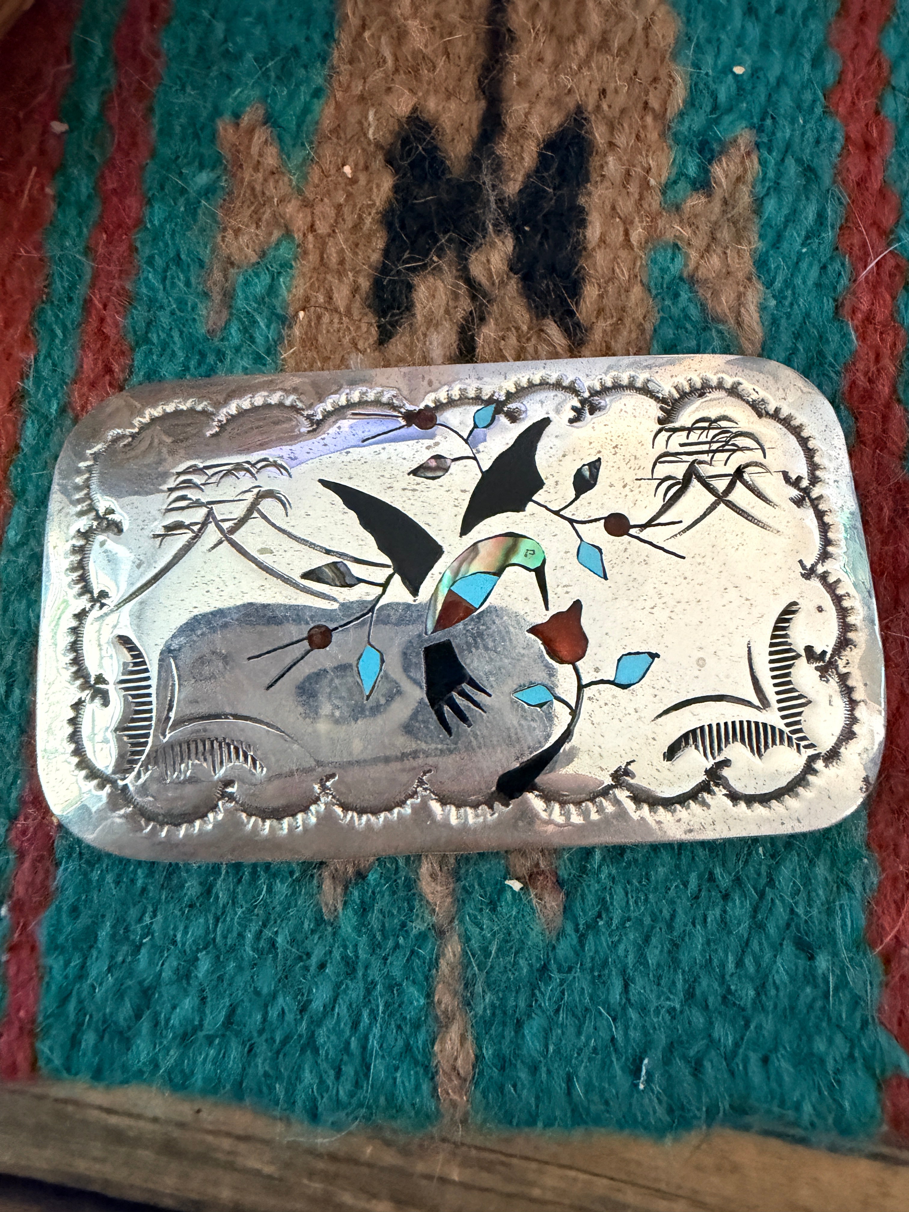 Handcrafted Vintage Old Pawn Sterling Silver and Multi Stone Inlay Hummingbird Belt Buckle