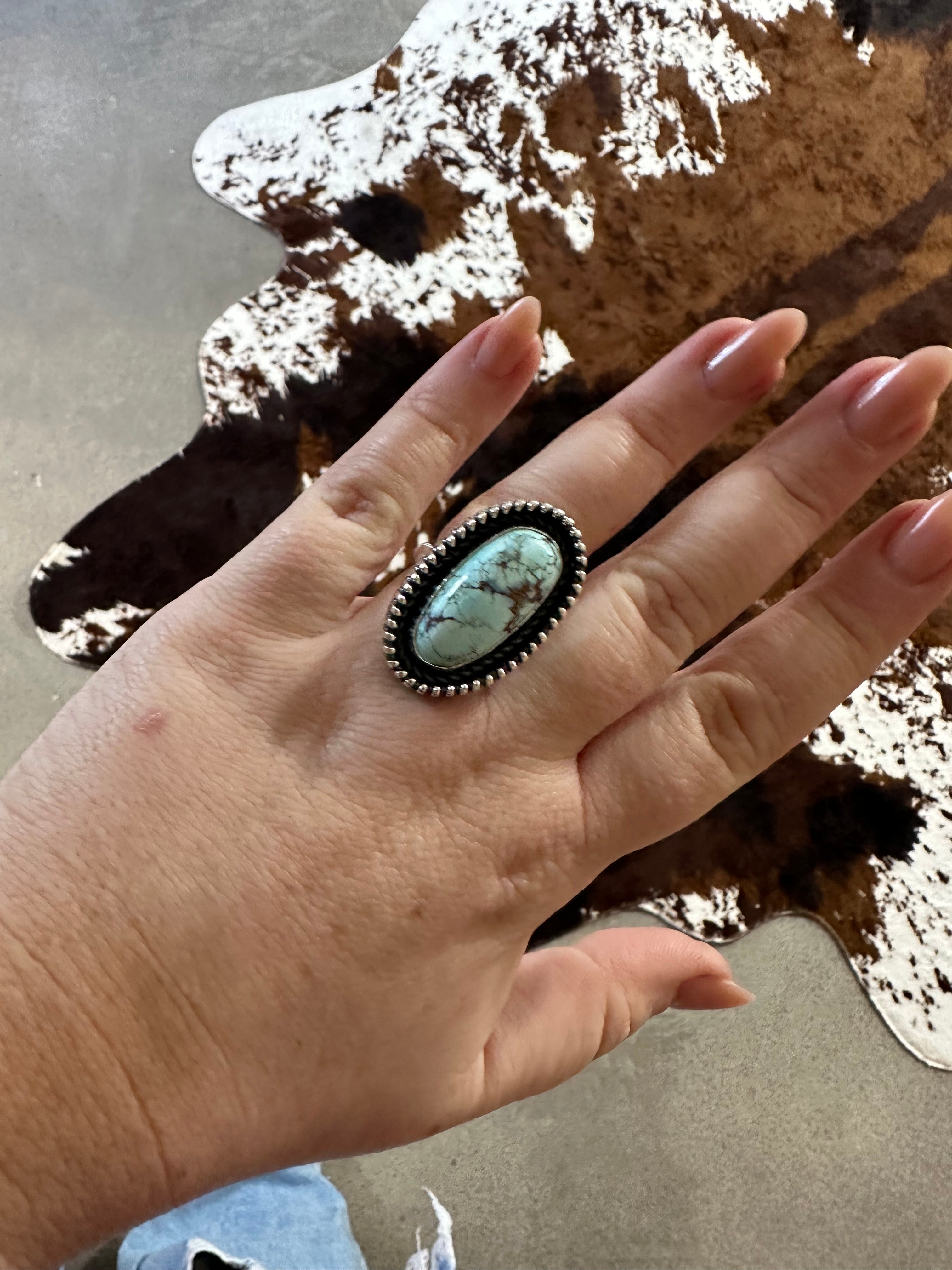 Beautiful Navajo Sterling Silver & Single Stone Golden Hills Turquoise Adjustable Ring Signed