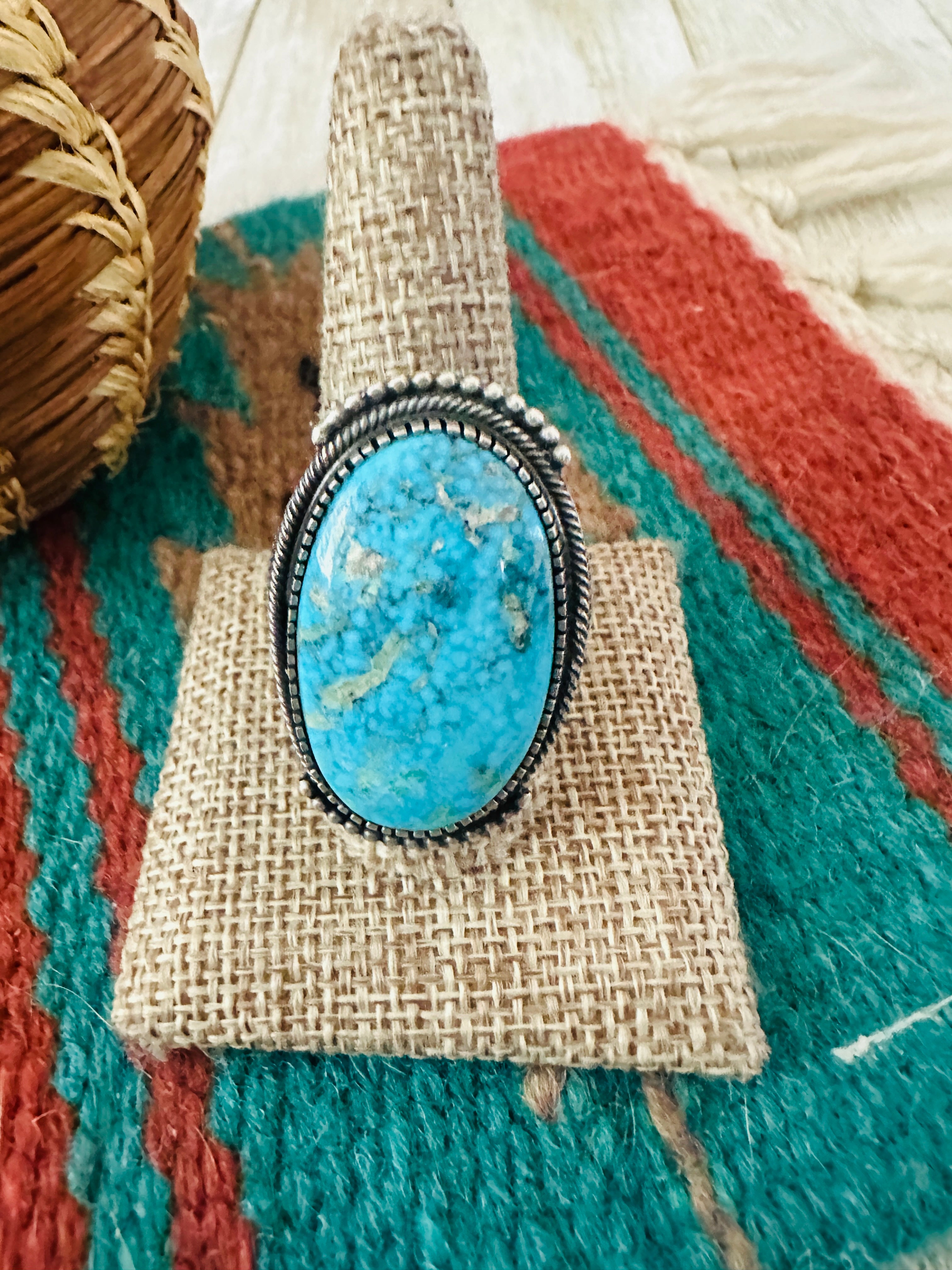 Old Pawn Handcrafted Turquoise & Sterling Silver Ring Size 12