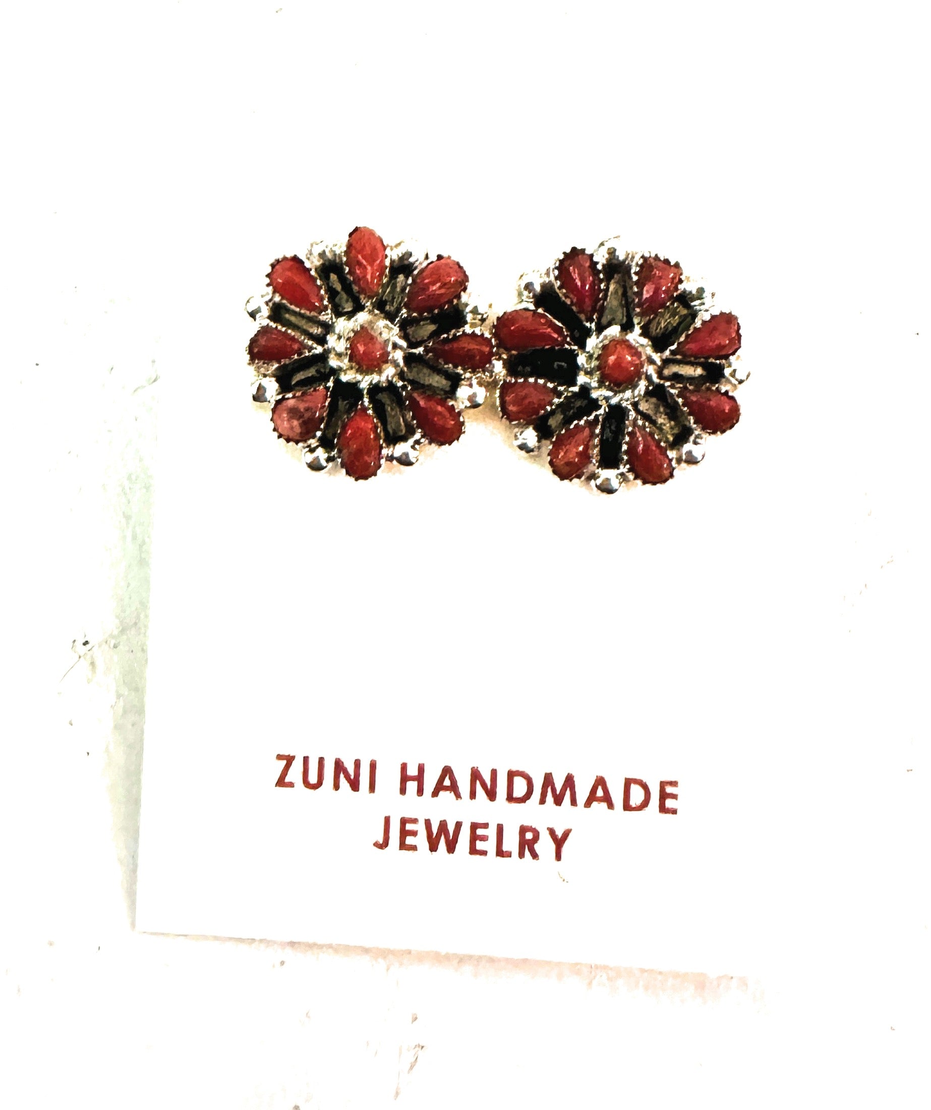 Zuni Coral & Sterling Silver Cluster Stud Earrings