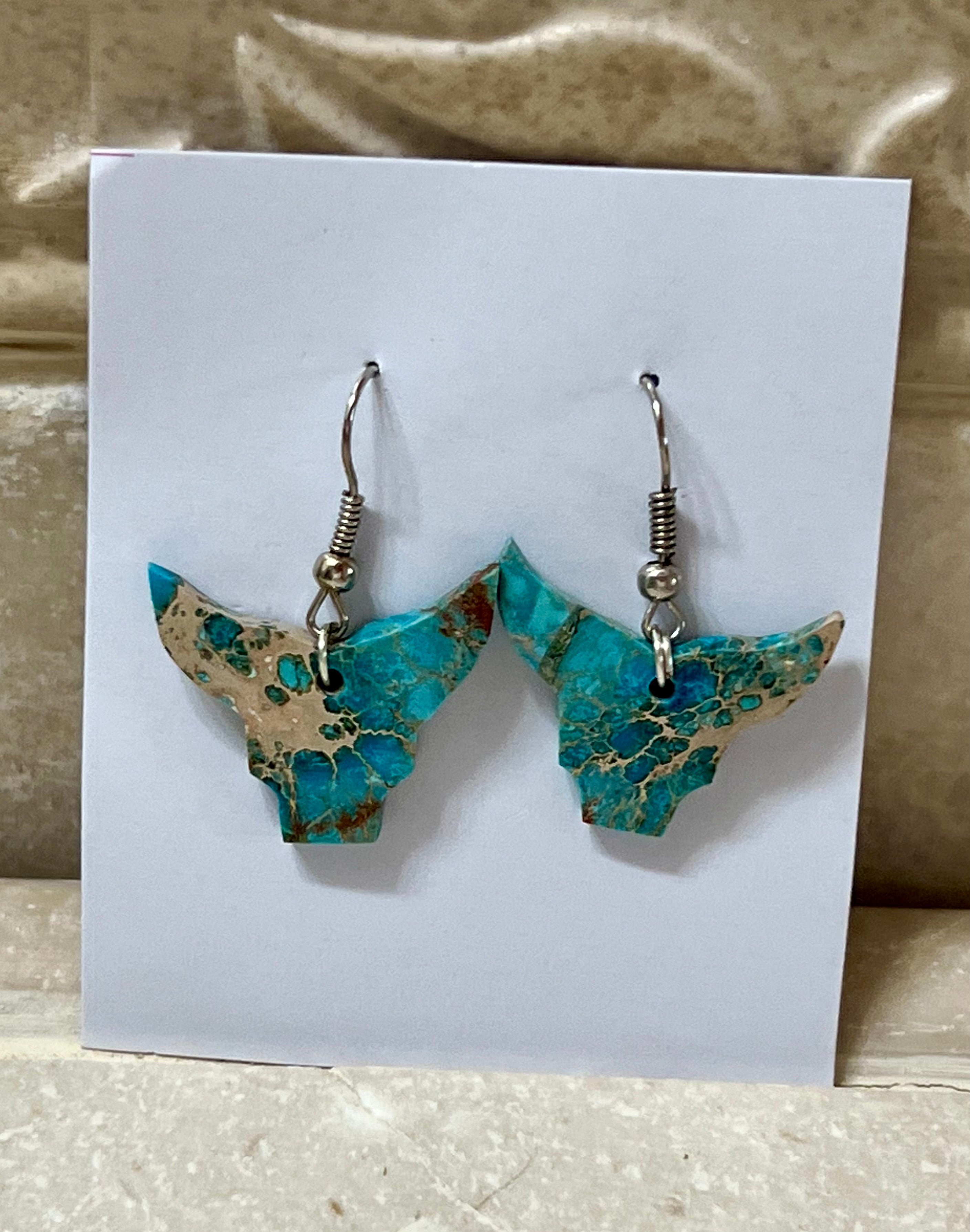 Handcrafted Blue Indigo Turquoise & Sterling Silver Bull head Slab Earrings