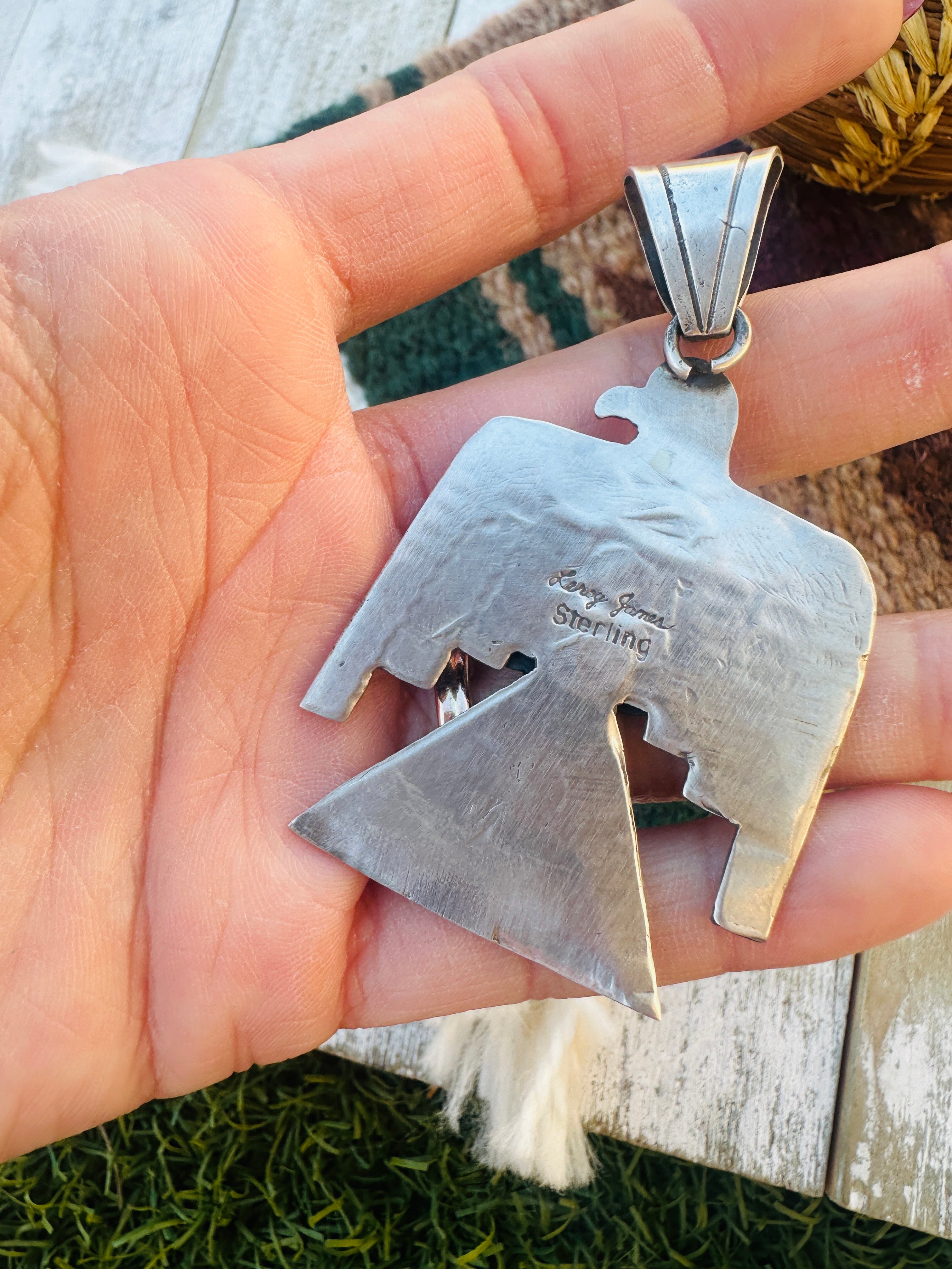 Handcrafted Sterling Silver & Turquoise Thunderbird Pendant by Leroy James