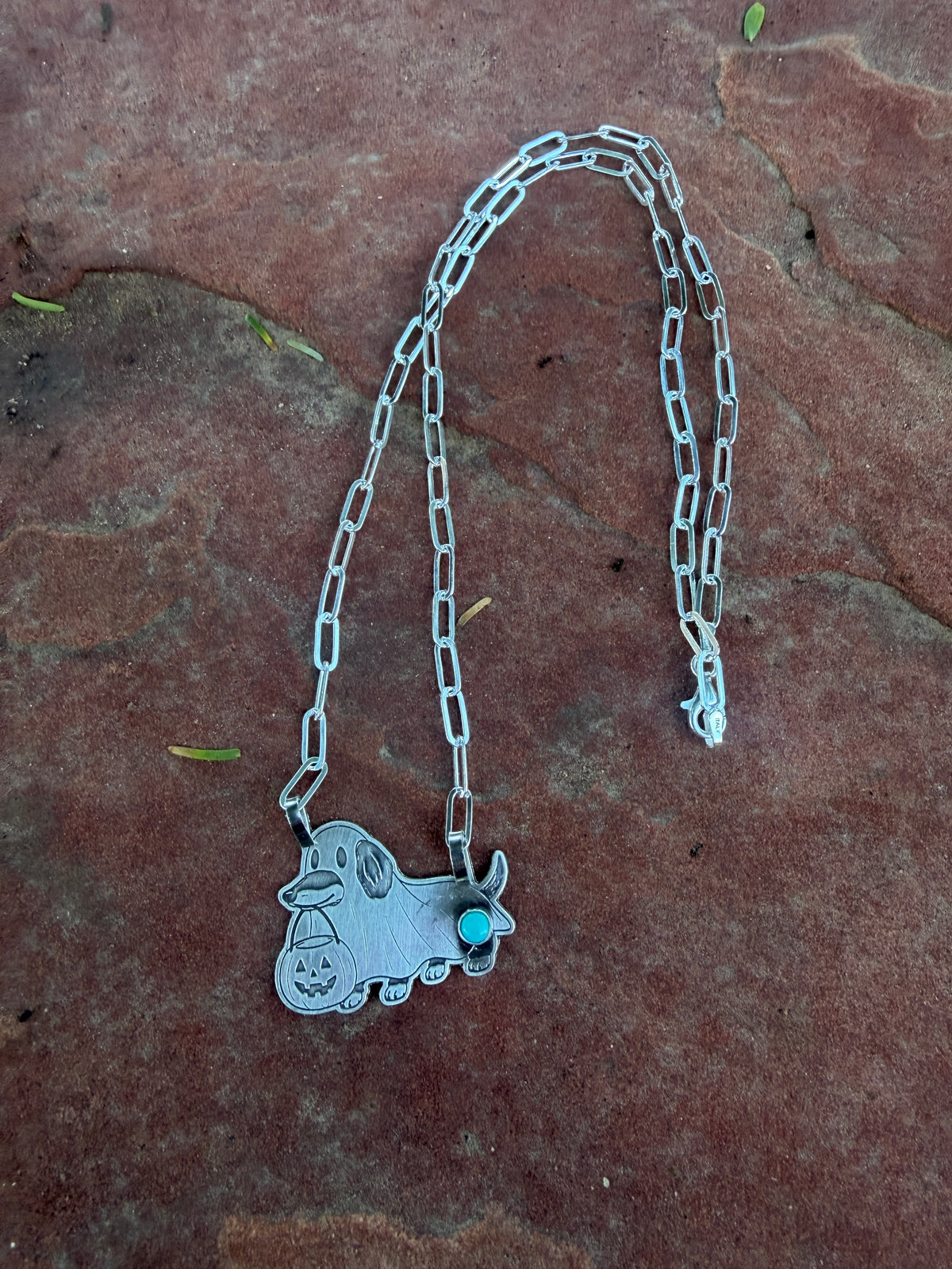 Handmade Sterling Silver & Kingman Turquoise 18” Wiener Dog Halloween ￼Necklace by Roaming Buffalo