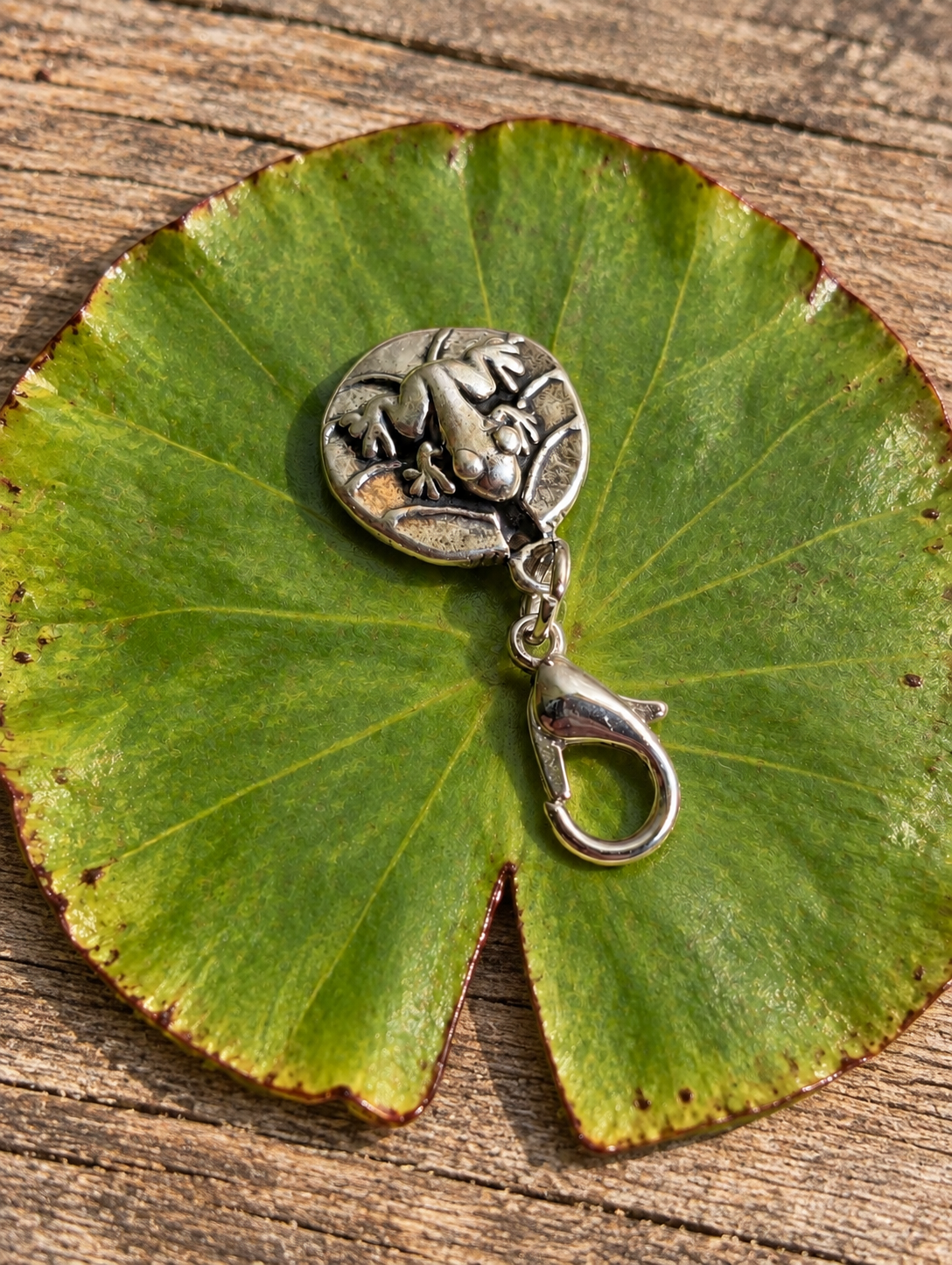 Handcrafted Frog On A Leaf Charm Sterling Silver
