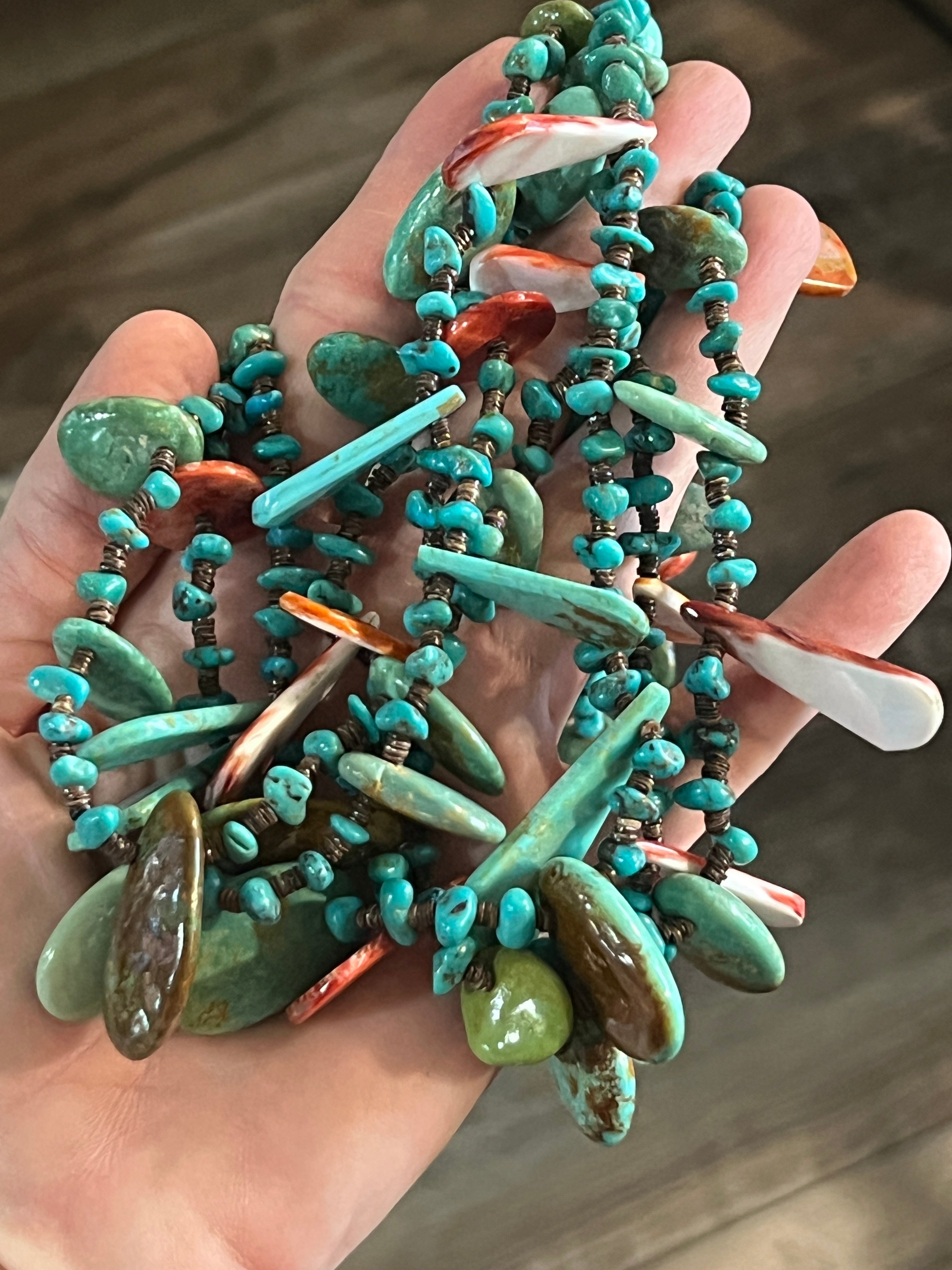 Gorgeous Handcrafted Five Strand Turquoise and Spiny Oyster Beaded Squaw Wrap Necklace with Tabs by Daniel Coriz