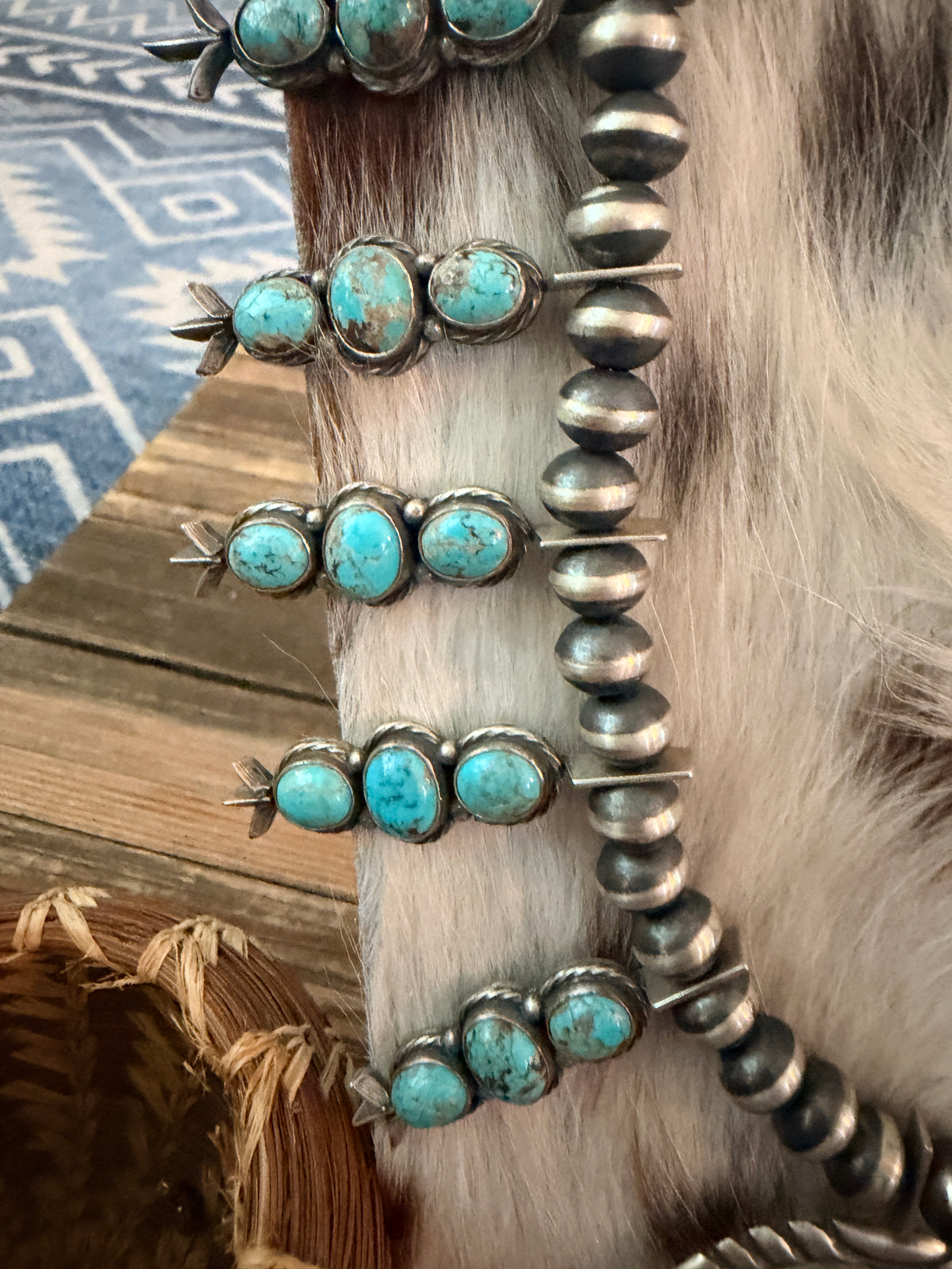 Handcrafted Turquoise & Sterling Silver Squash Blossom Necklace and Earring Set by Larry Kaye