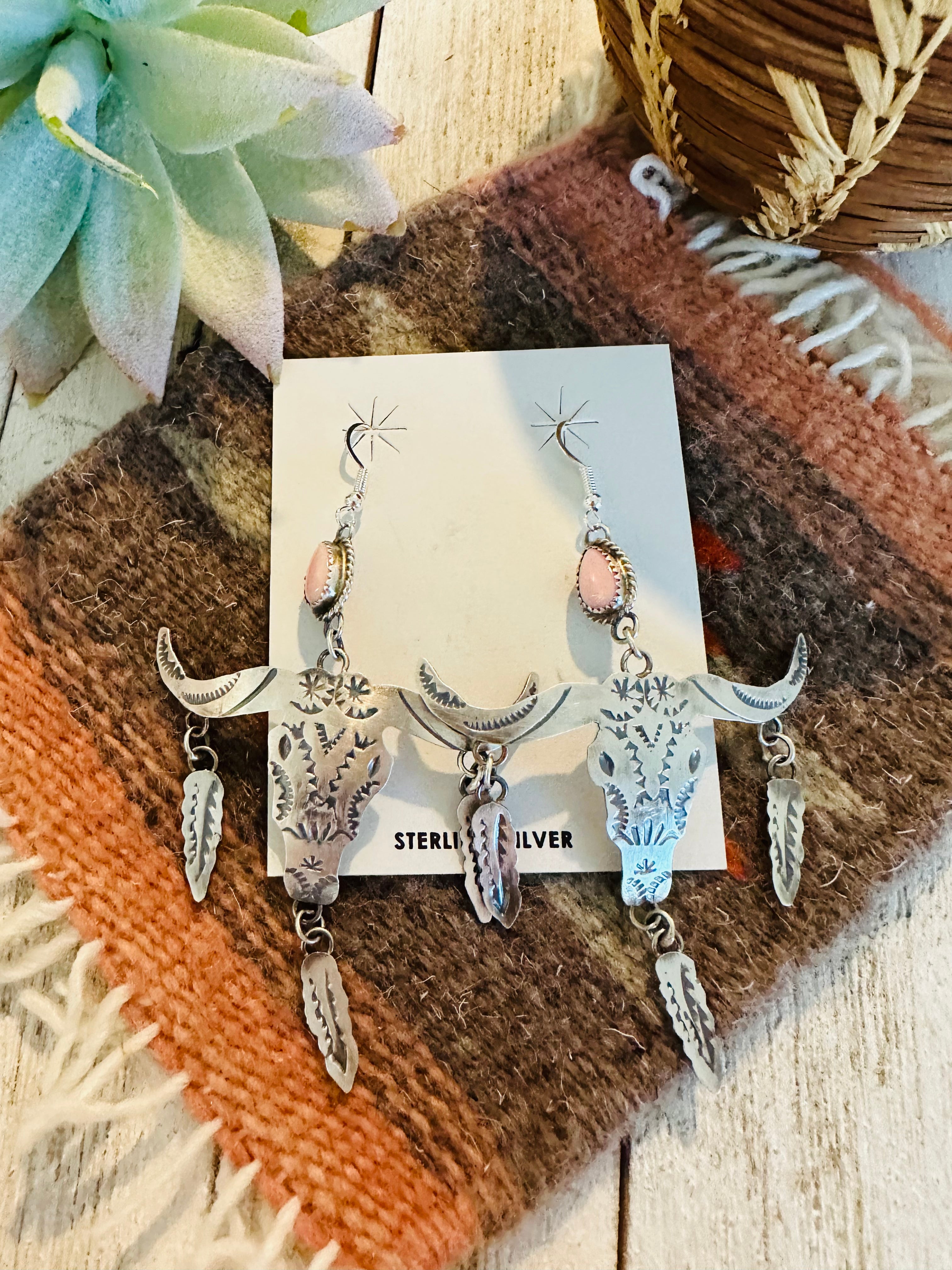 Navajo Queen Pink Conch & Sterling Silver Bull Head Dangle Earrings