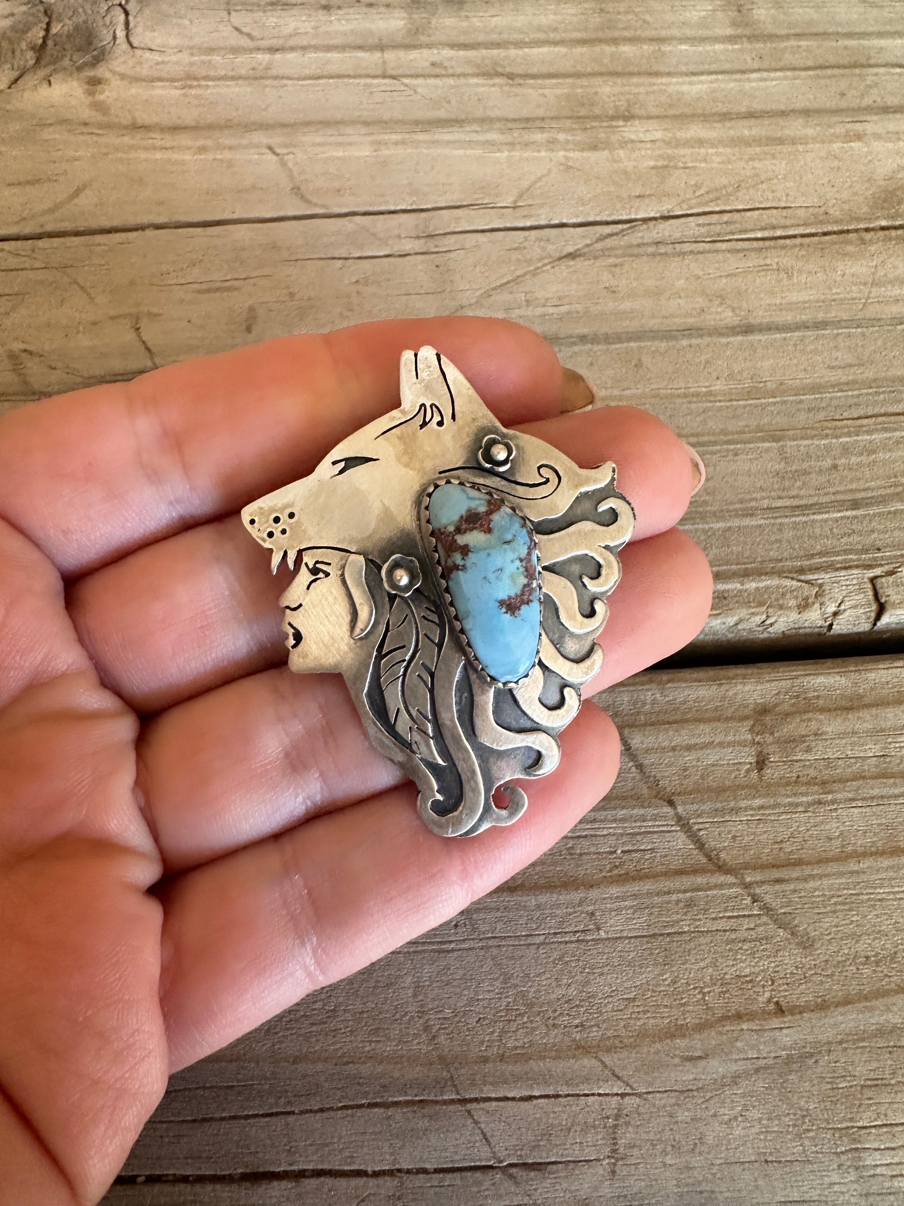 Beautiful Handmade Sterling Silver & Golden Hills Turquoise Whispering Dog Pendant