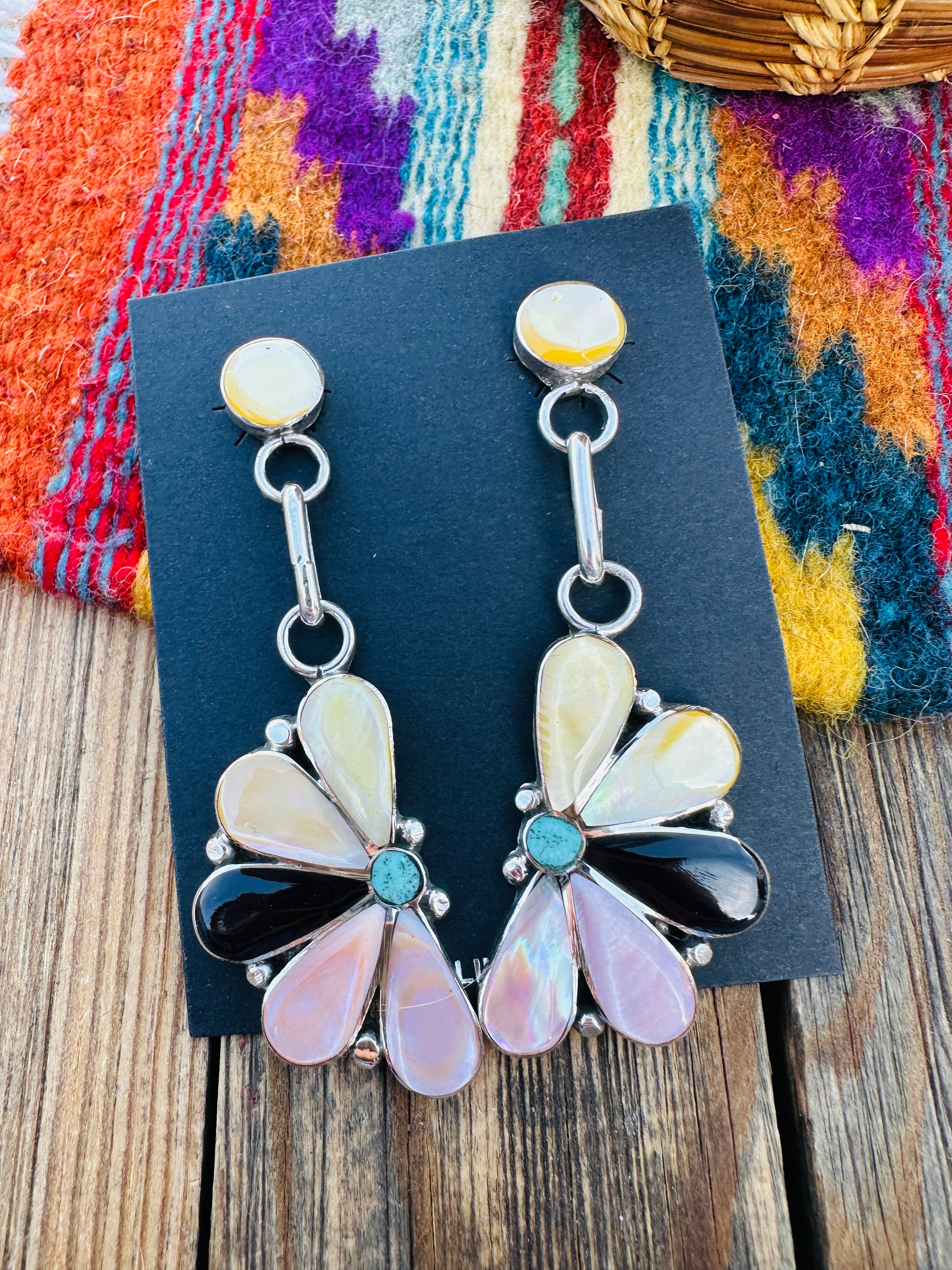 Handcrafted Sterling Silver, Mother of Pearl, Turquoise & Jet Inlay Flower Dangle Earrings