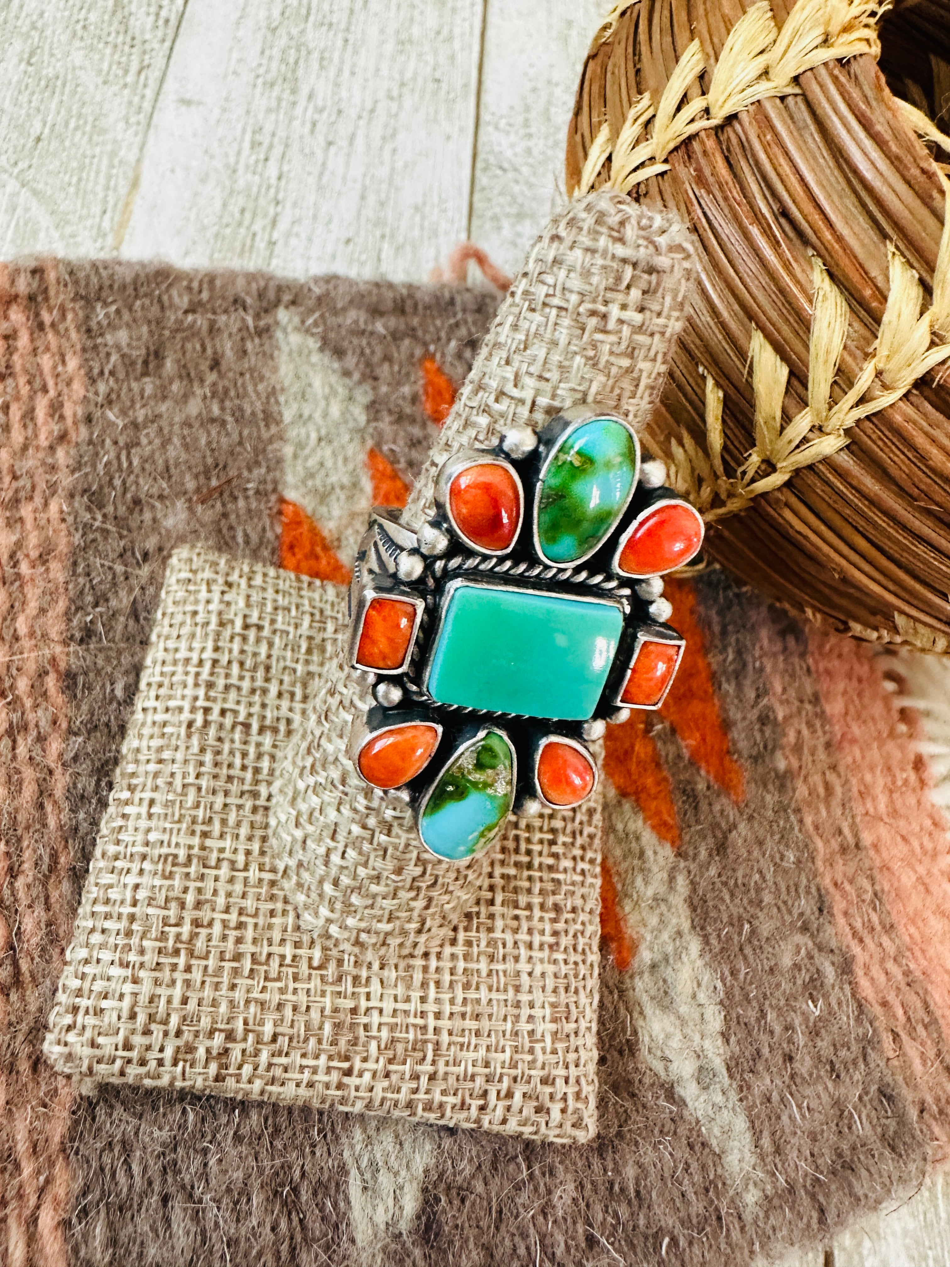 Navajo Sterling Silver, Turquoise & Spiny Oyster Ring by Bernyse Chavez and Angela Martin, Size 8