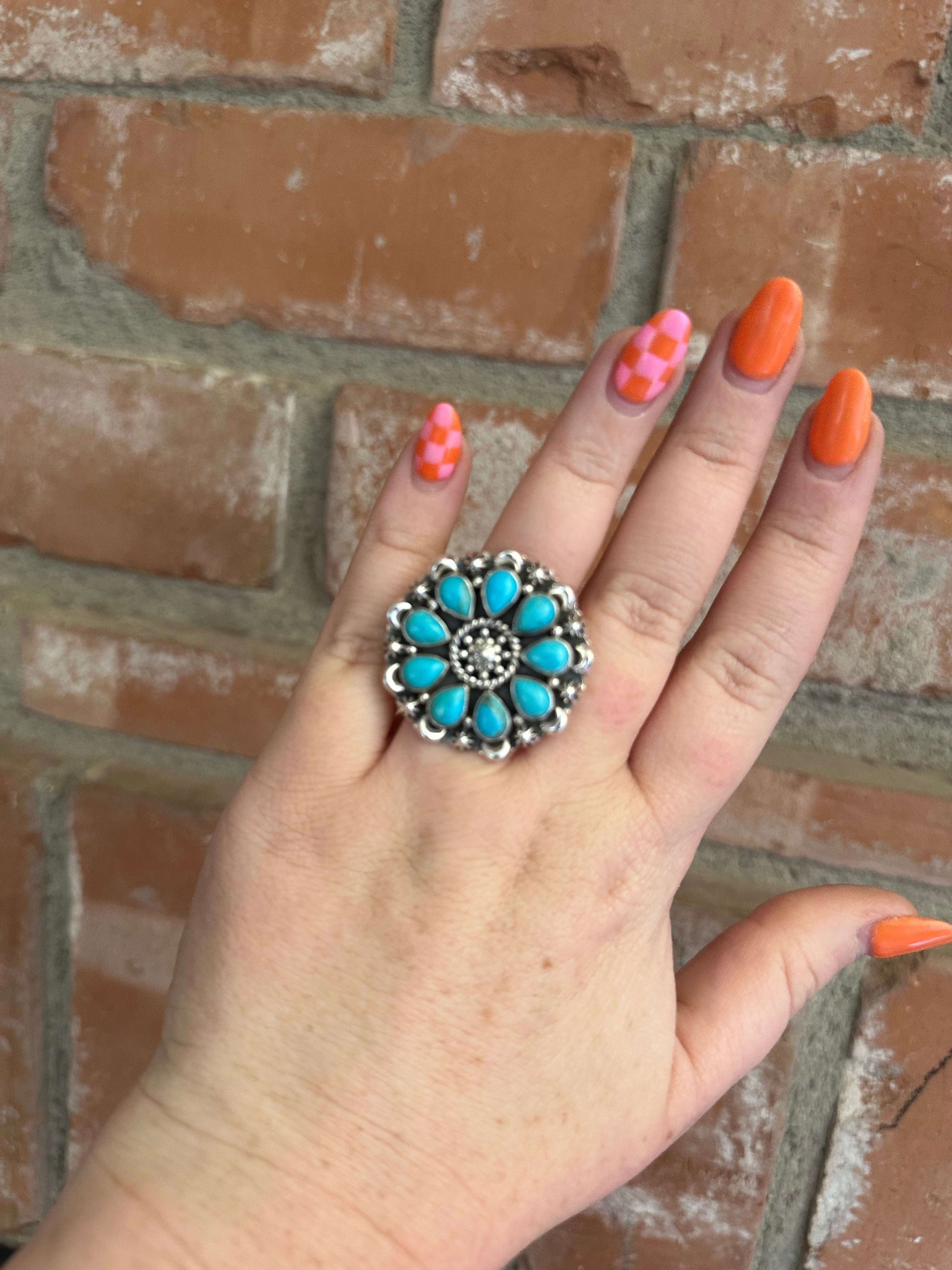 Handmade Turquoise & Sterling Silver Adjustable Ring Signed Nizhoni Orange Tones