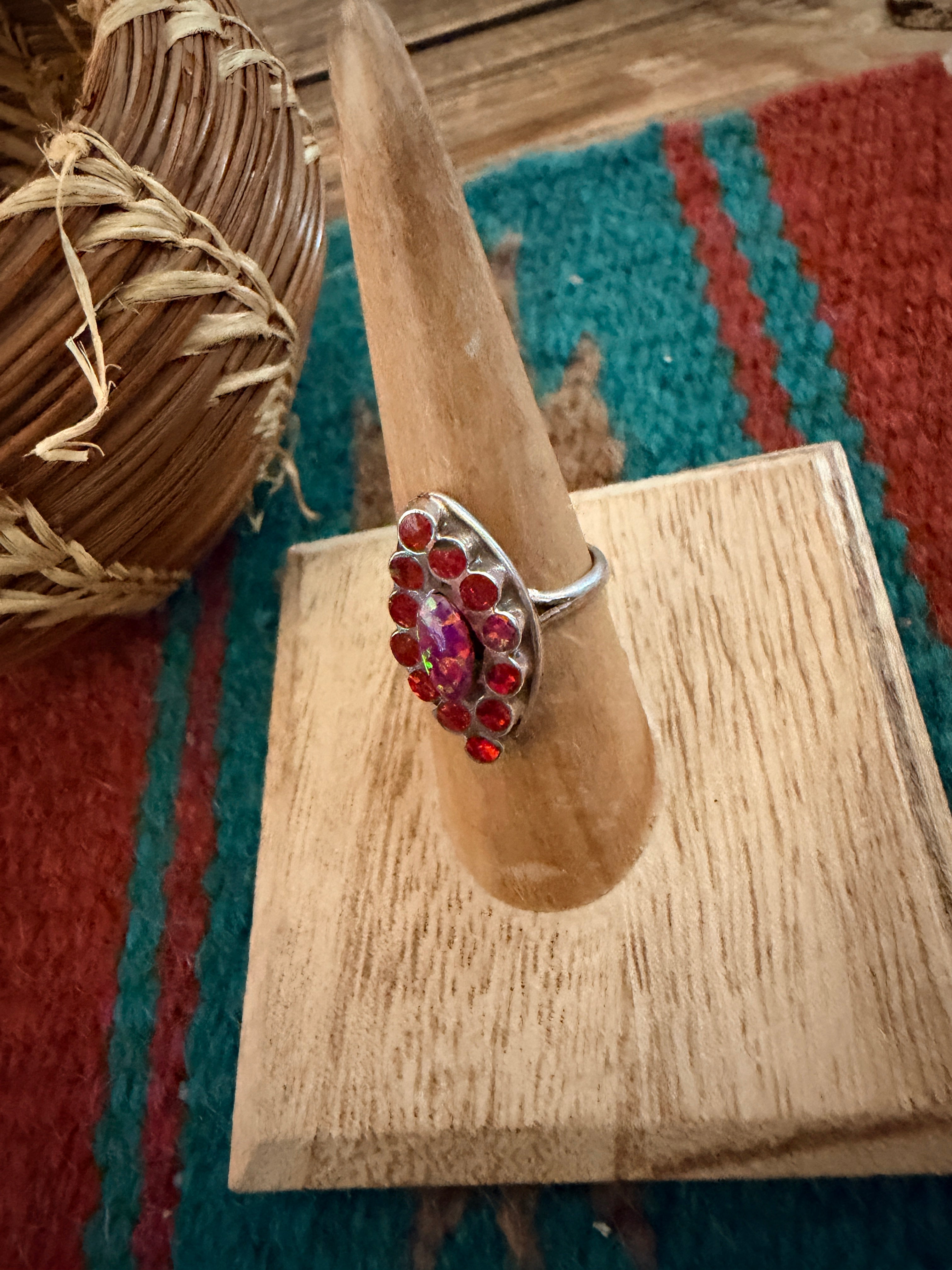 Handcrafted Red Opal & Sterling Silver Ring Size 6.75