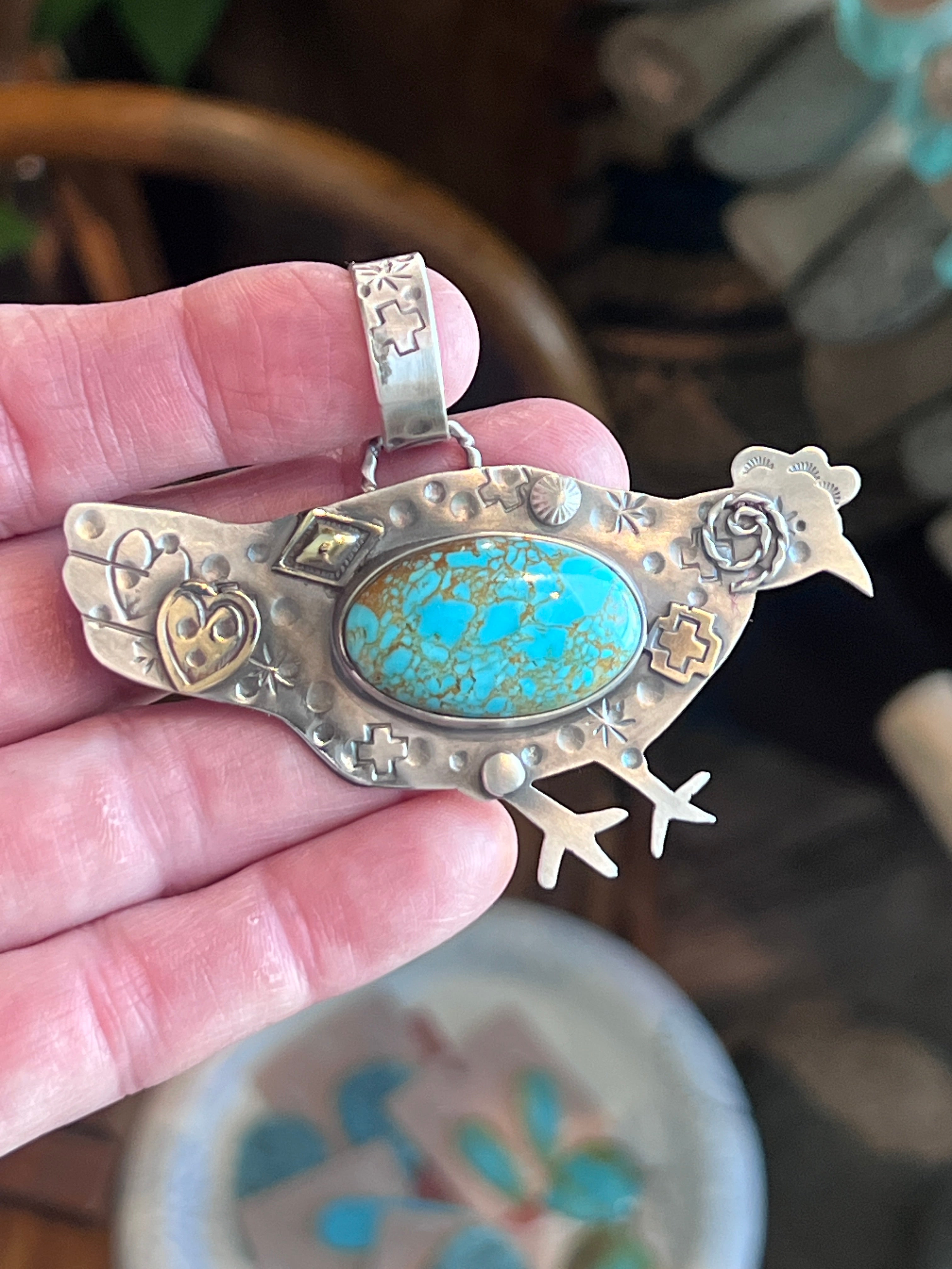 The Nizhoni Cluckers: Hand Stamped and Layered Sterling Silver, Brass, Copper & Kingman Turquoise Chicken Pendants by Kimari Somers