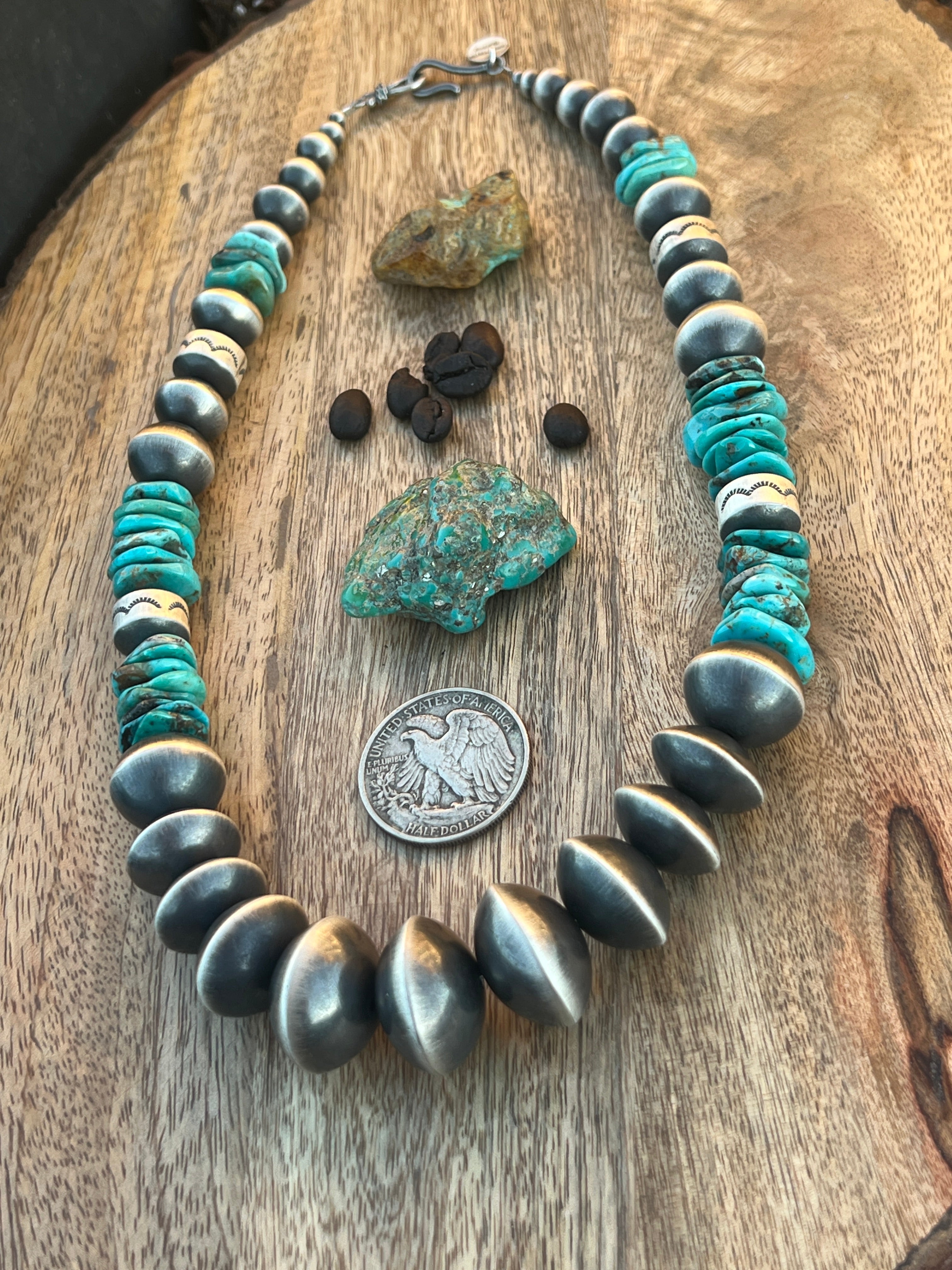 Handcrafted Chunky Sterling Silver and Kingman Turquoise Beaded Necklace by Rose Martin, 21 inches