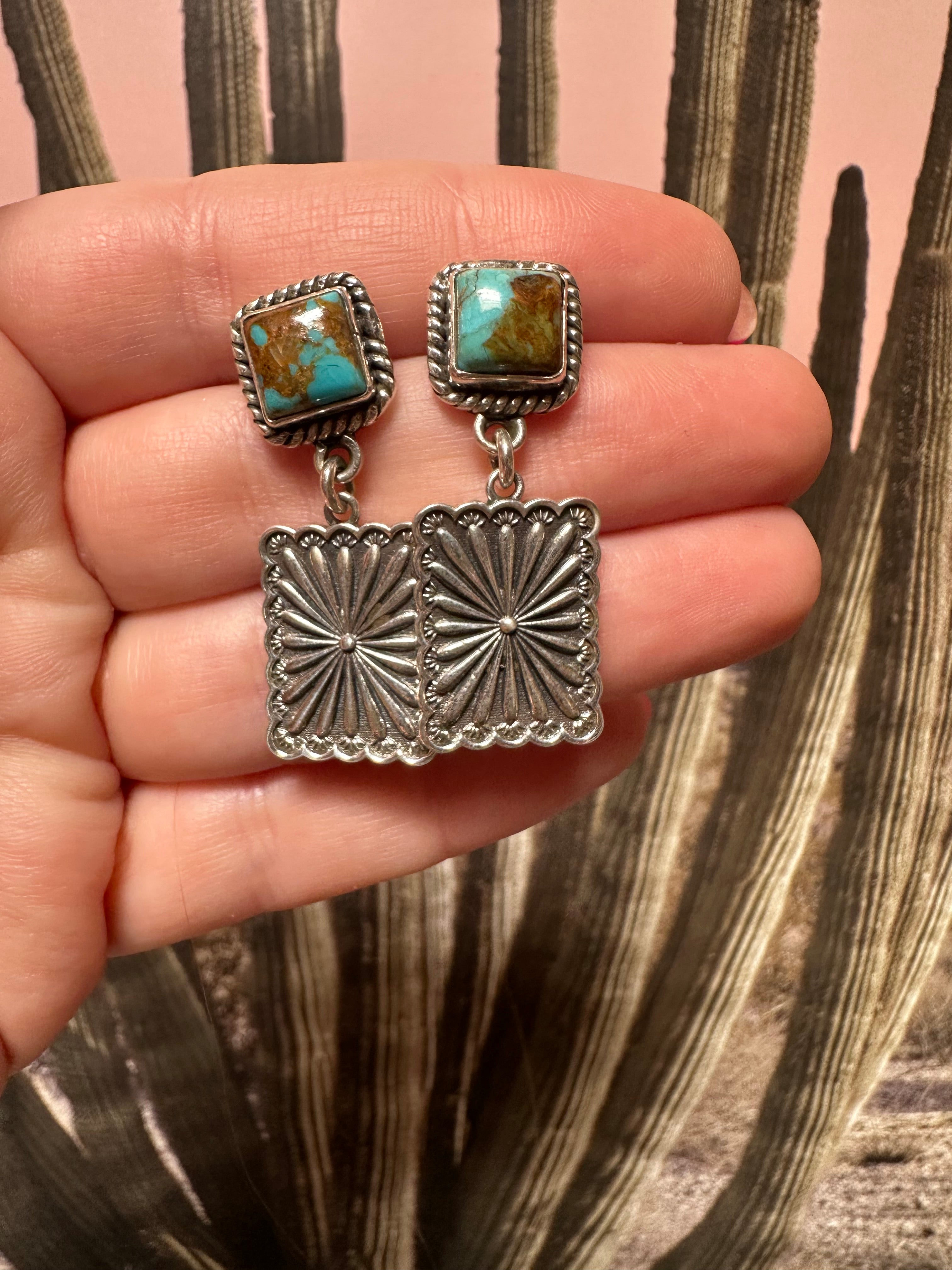 Handmade Sterling Silver, Turquoise Concho Post Dangle Earrings