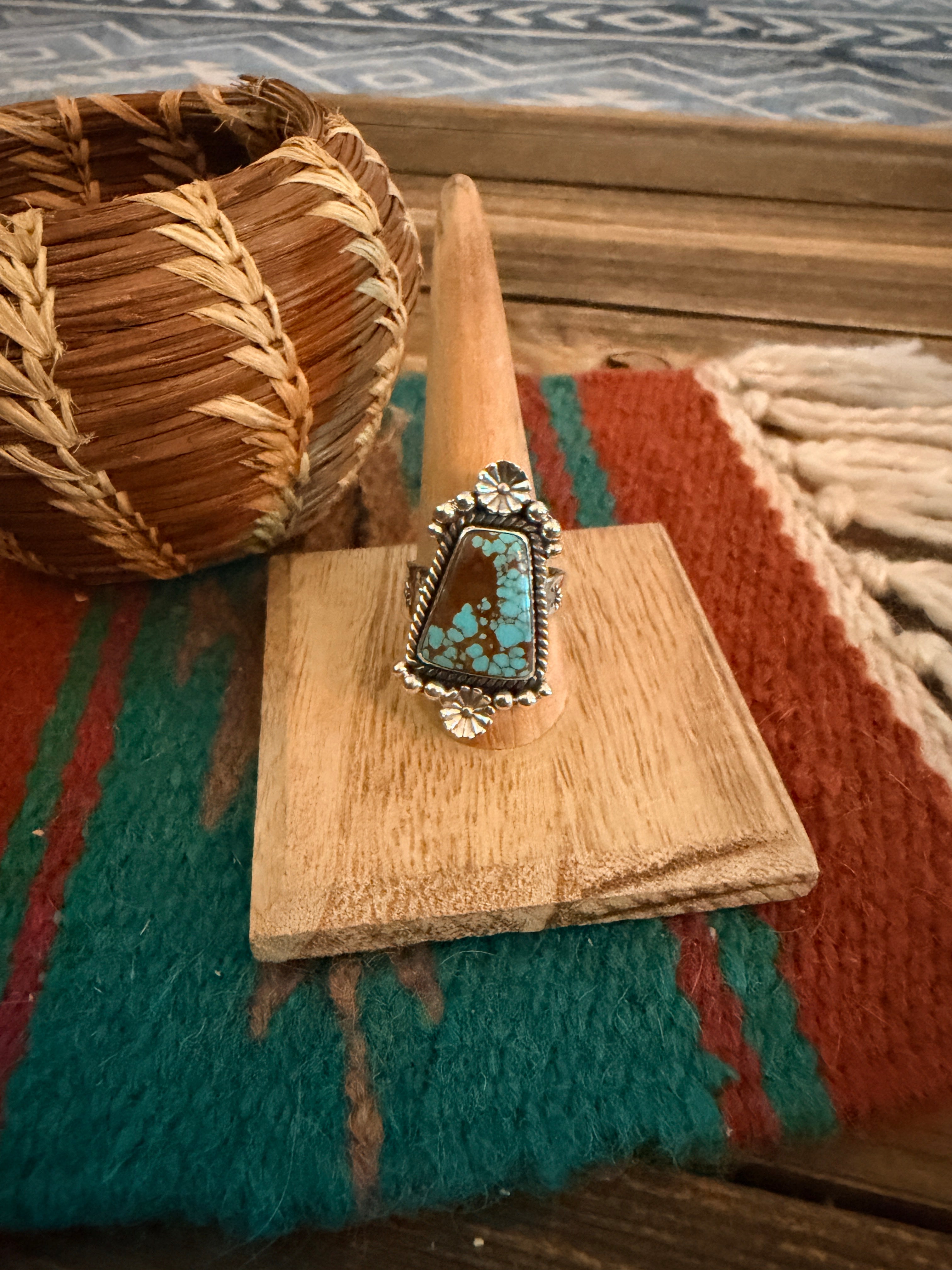 Handmade Sterling Silver Number 8 Turquoise Adjustable Ring Signed Nizhoni