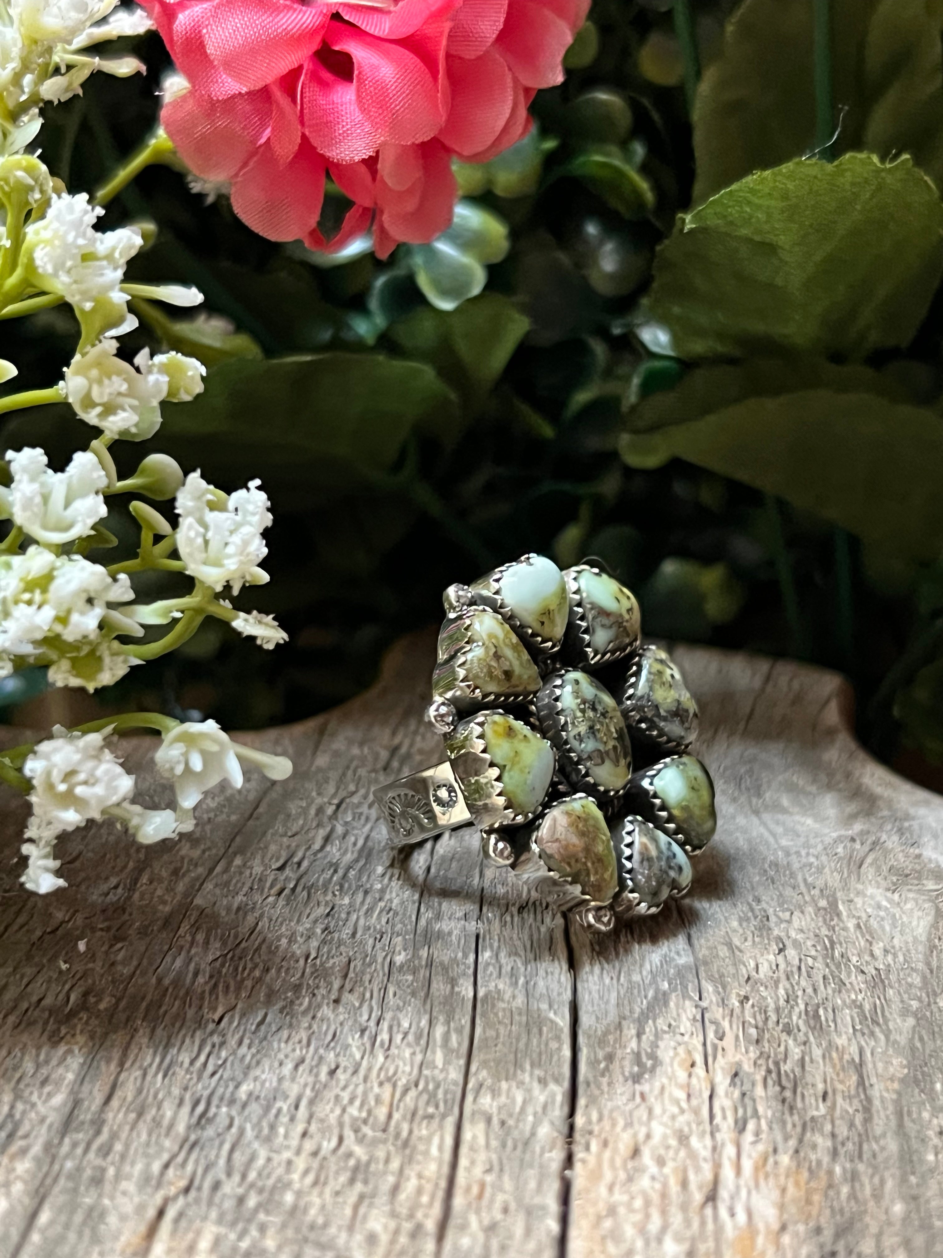 Handmade Palomino Turquoise Heart Cluster Sterling Silver Adjustable Ring